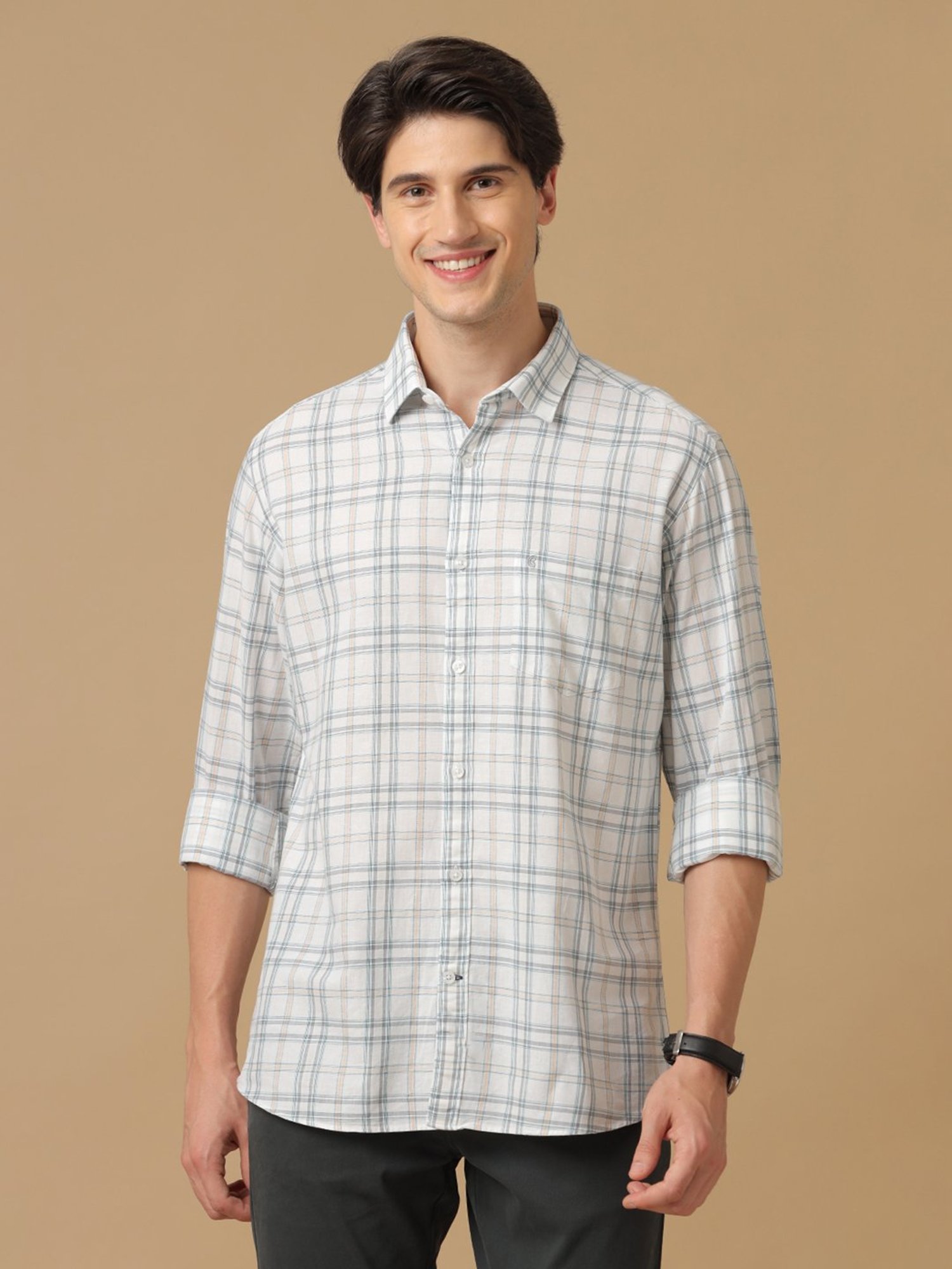 CAVALLO by Linen Club White Contemporary Fit Check Shirt
