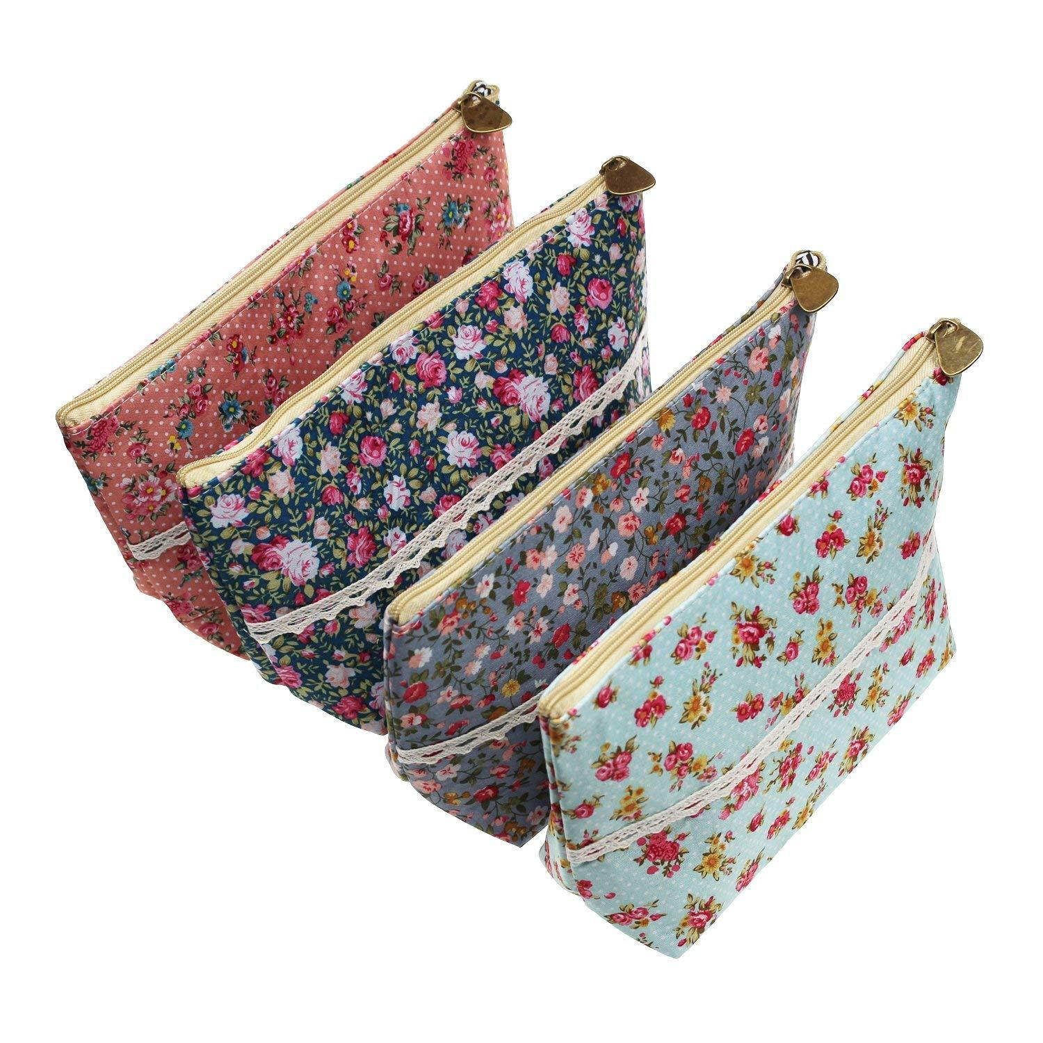 LJY 4 Pieces Assorted Large Capacity Flower Floral Pen Holder Stationery Pencil Pouch Travelling Multi-functional Cosmetic Bags