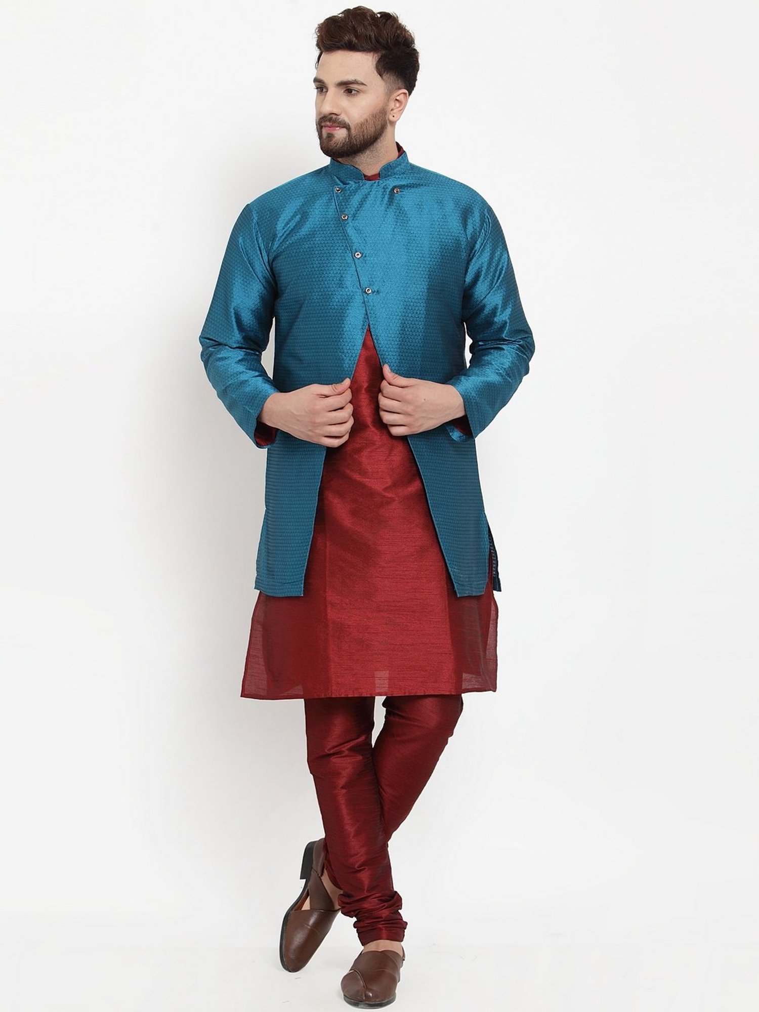 Benstoke Maroon & Peacock Blue Regular Fit Self Pattern Kurta Set With Jacket