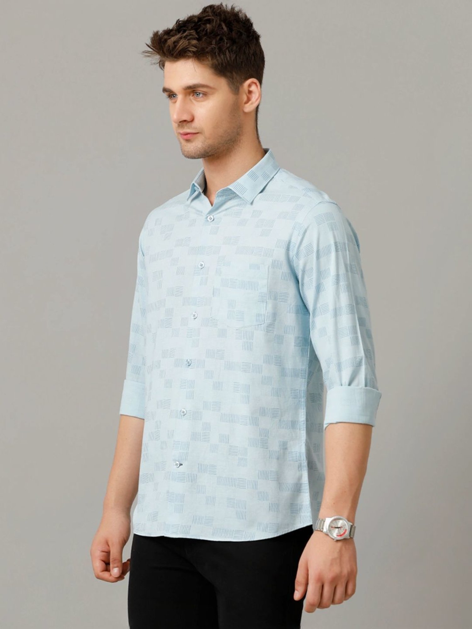 Spykar Blue Cotton Slim Fit Checks Shirt