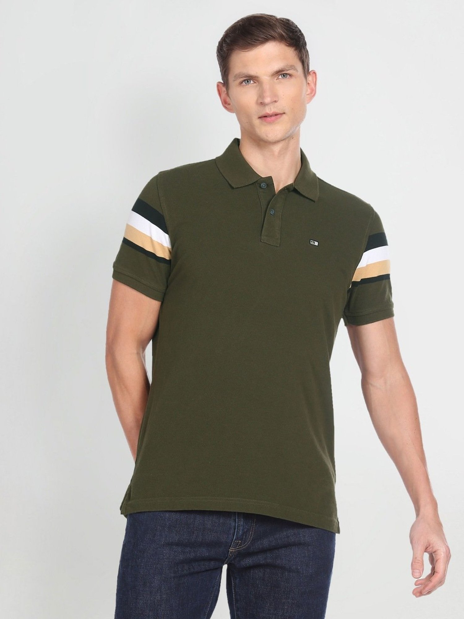 Arrow Sport Olive Cotton Regular Fit Striped Polo T-Shirt