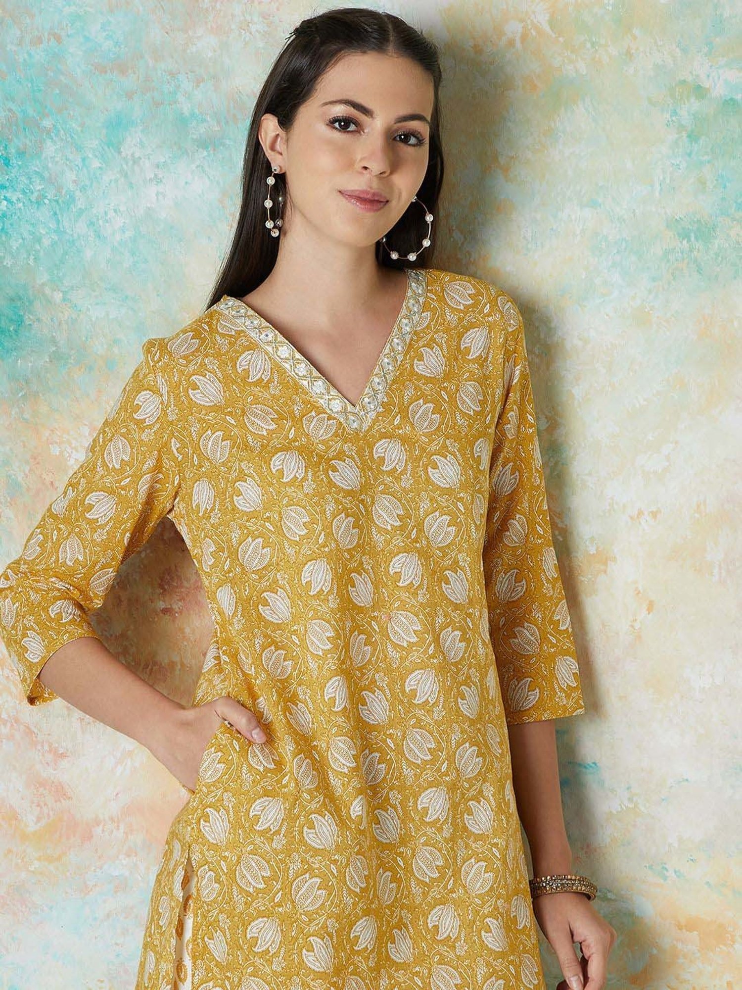 Melange by Lifestyle Mustard & White Cotton Printed Kurta & Pant Set