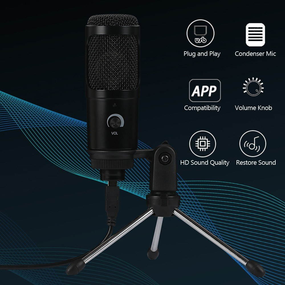 Condenser Microphone USB Microphone Karaoke Recording Broadcasting Podcasting with Clip Tripod Plug and Play for Laptop Desktop PC