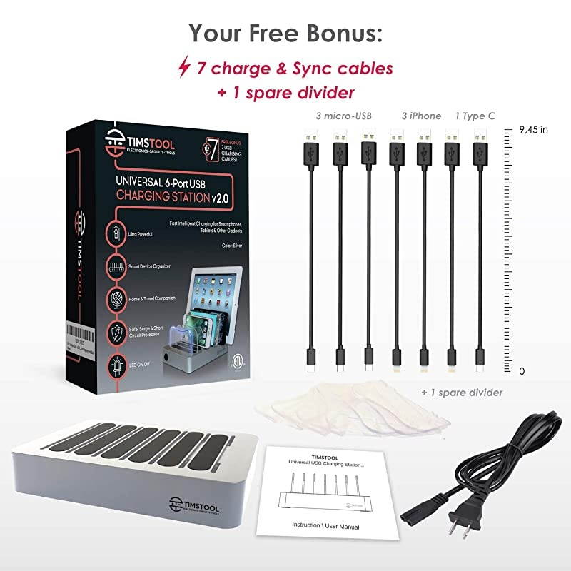 6 USB Charging Station for Multiple Devices Fast Multiple USB Charger Multi Port Hub Charging Organizer Dock Smart Cell Phone Docking Station iPhone Compatible Charger LED NoBuzz