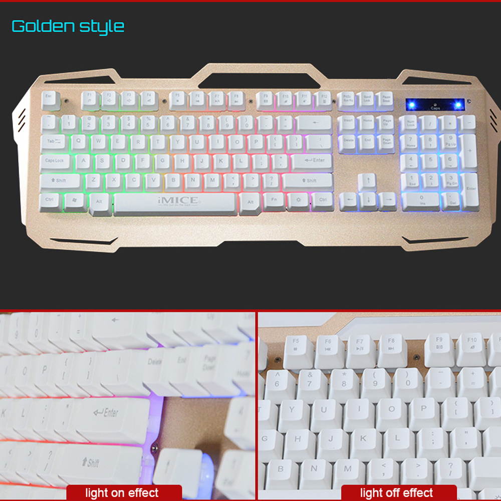 IMICE Gaming Keyboard Wired USB Gamer Keyboards 104 Keys Computer Keyboard Metal Panel Floating Backlit Keyboard For Desktop/PC(Gold)