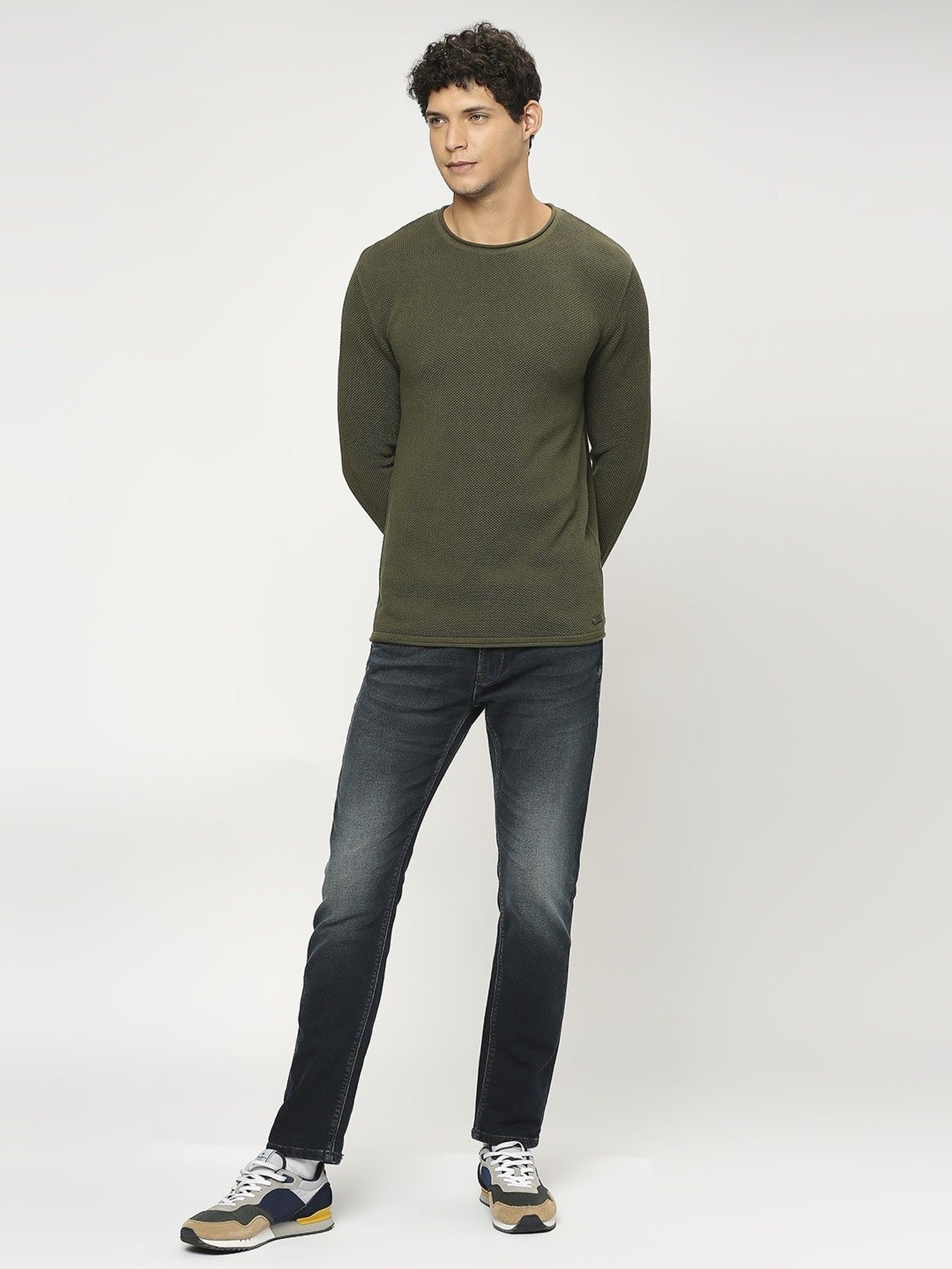 Pepe Jeans Olive Cotton Regular Fit Self Pattern Sweater