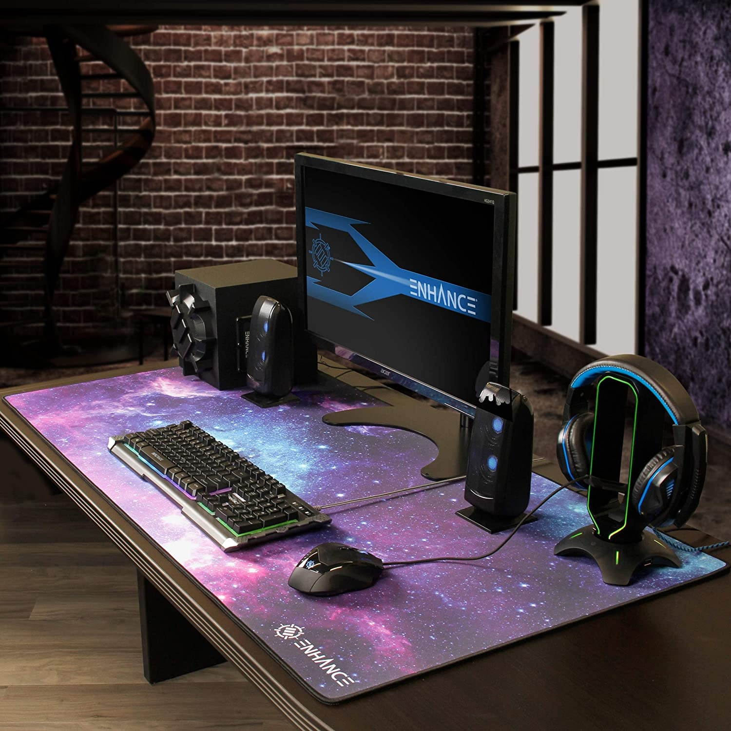 ENHANCE XXXL Gaming Computer Desk Mat - Large Mouse Mat (48x24 Mouse Pad) Cushion Padding for Home Office Desk, Extended Table Mousepad with Smooth Tracking Surface and Non-Slip Rubber Grip - Galaxy