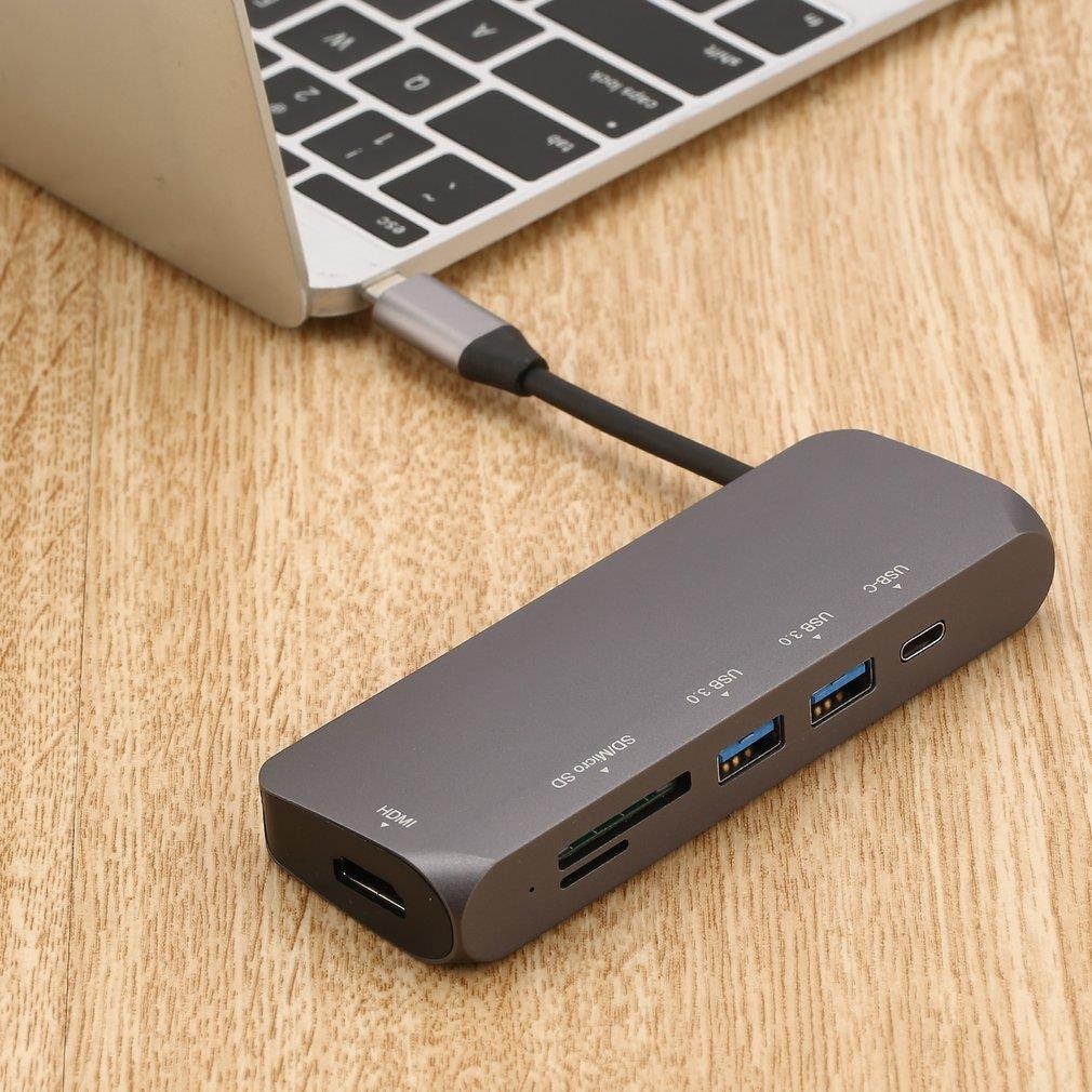 6-in-1 USB-C Dock USB 3.1 Type-c Multi-ports Hubs 4K Adapter with Hidden Cable