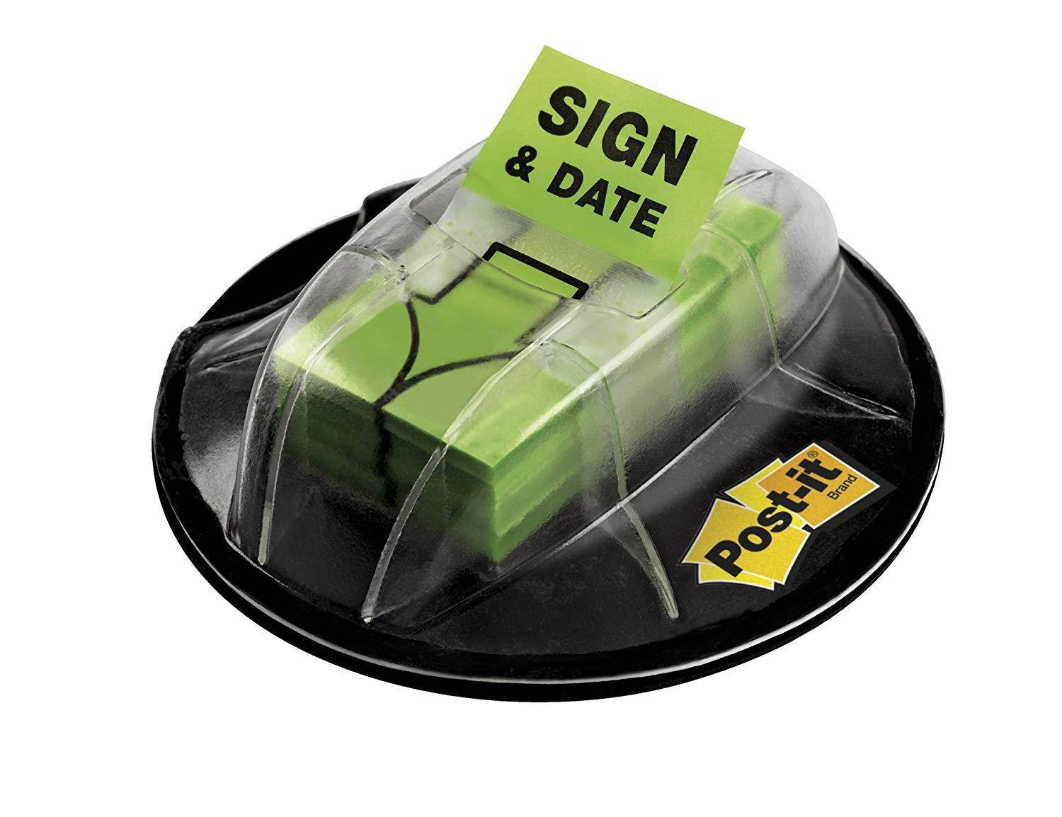 Post-it Message Flags,"Sign and Date", Bright Green, 1-Inch Wide, 200/Desk Grip Dispenser, 1-Dispenser/Pack