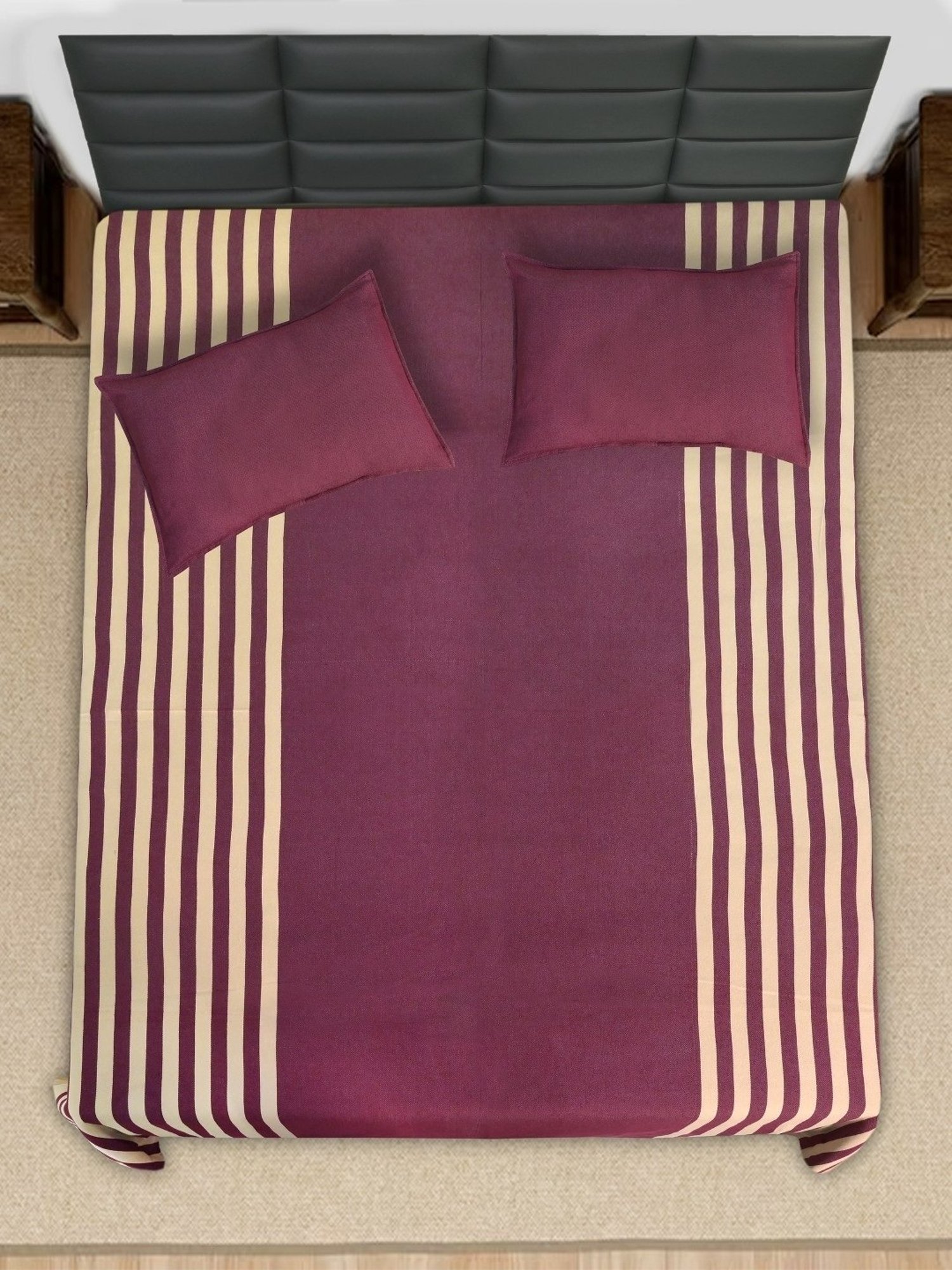 Saral Home Balanced Handmade Stripes Maroon 200 TC Cotton Queen Bedsheet with 2 Pillow Covers
