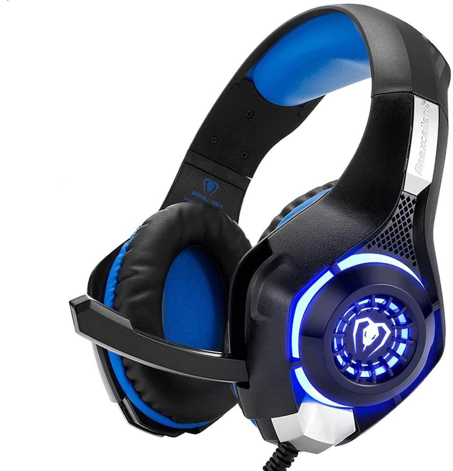Pro Gaming Headset, Gaming Headphones for PC PS4 Xbox One Surround Sound Over-Ear Headphones with Mic LED Light Bass Surround Soft Memory Earmuffs for Computer Laptop - Blue