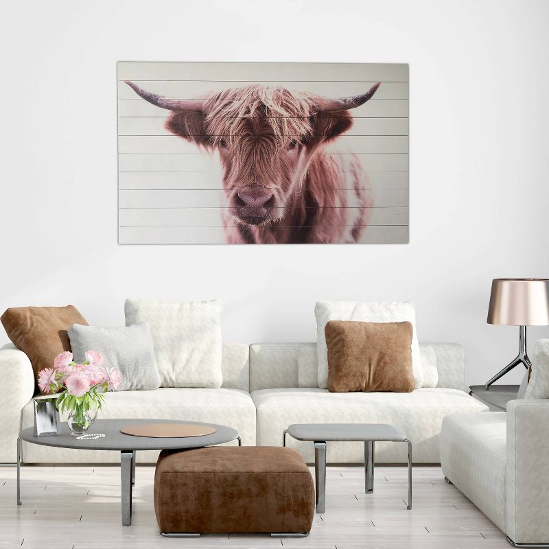 48" x 30" Brown Highland Cow Print on Planked Wood Wall Sign Panel Brown - Gallery 57