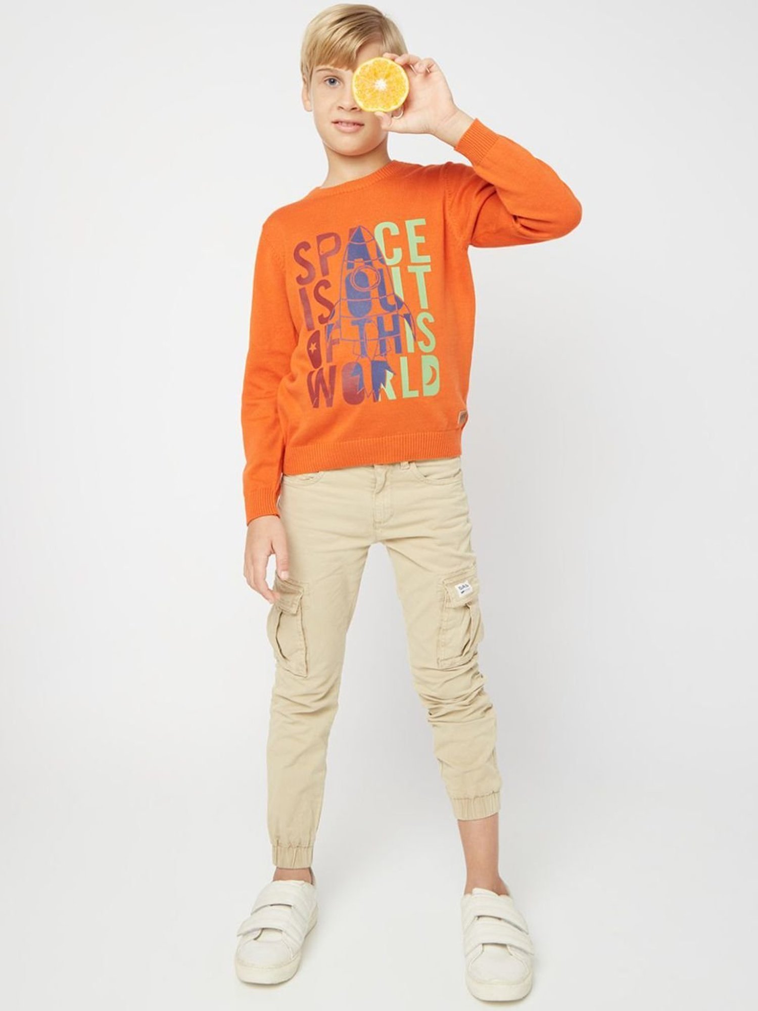GAS Kids Orange Cotton Printed Full Sleeves Sweater