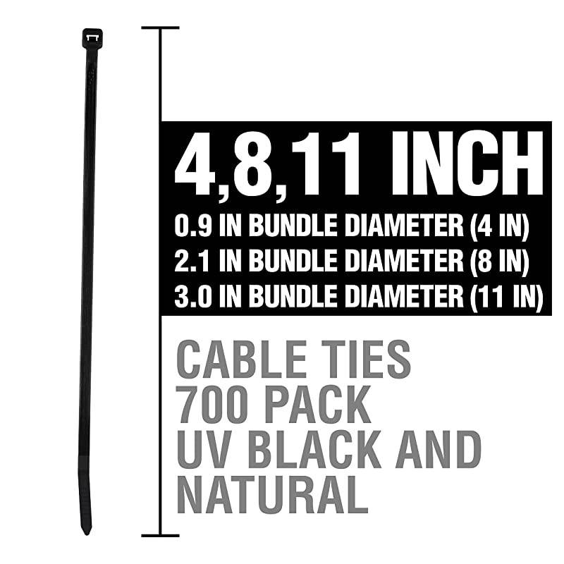 ZipIts Cable Tie Kit 700 Pack Assortment of 4-in, 8-in, 11-in Self Locking Natural and UV Resistant Black Zip Ties, UL Listed, Contractor Quality and Strength