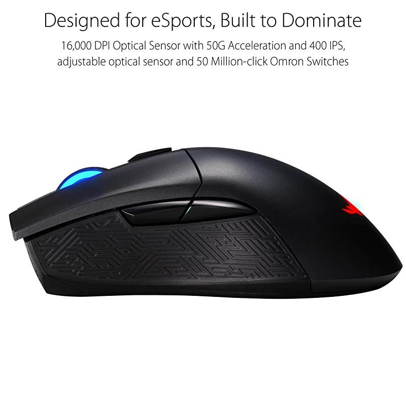 Wireless Optical Gaming Mouse for PC ROG Gladius II | RightHand Grip | 12000 DPI Optical Sensor 400 IPS Omron Switches | 6 Programmable Buttons | Aura Sync RGB Lighting ROG Armoury II