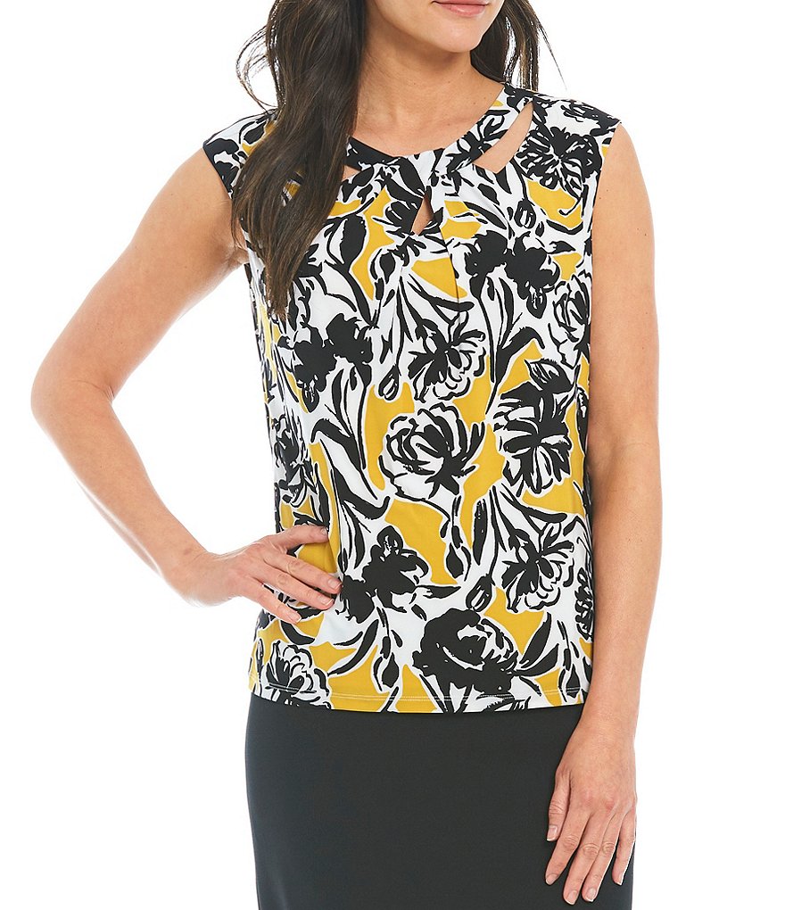 Kasper Floral Sketch Print Criss-Cross Neck Cap Sleeve Top