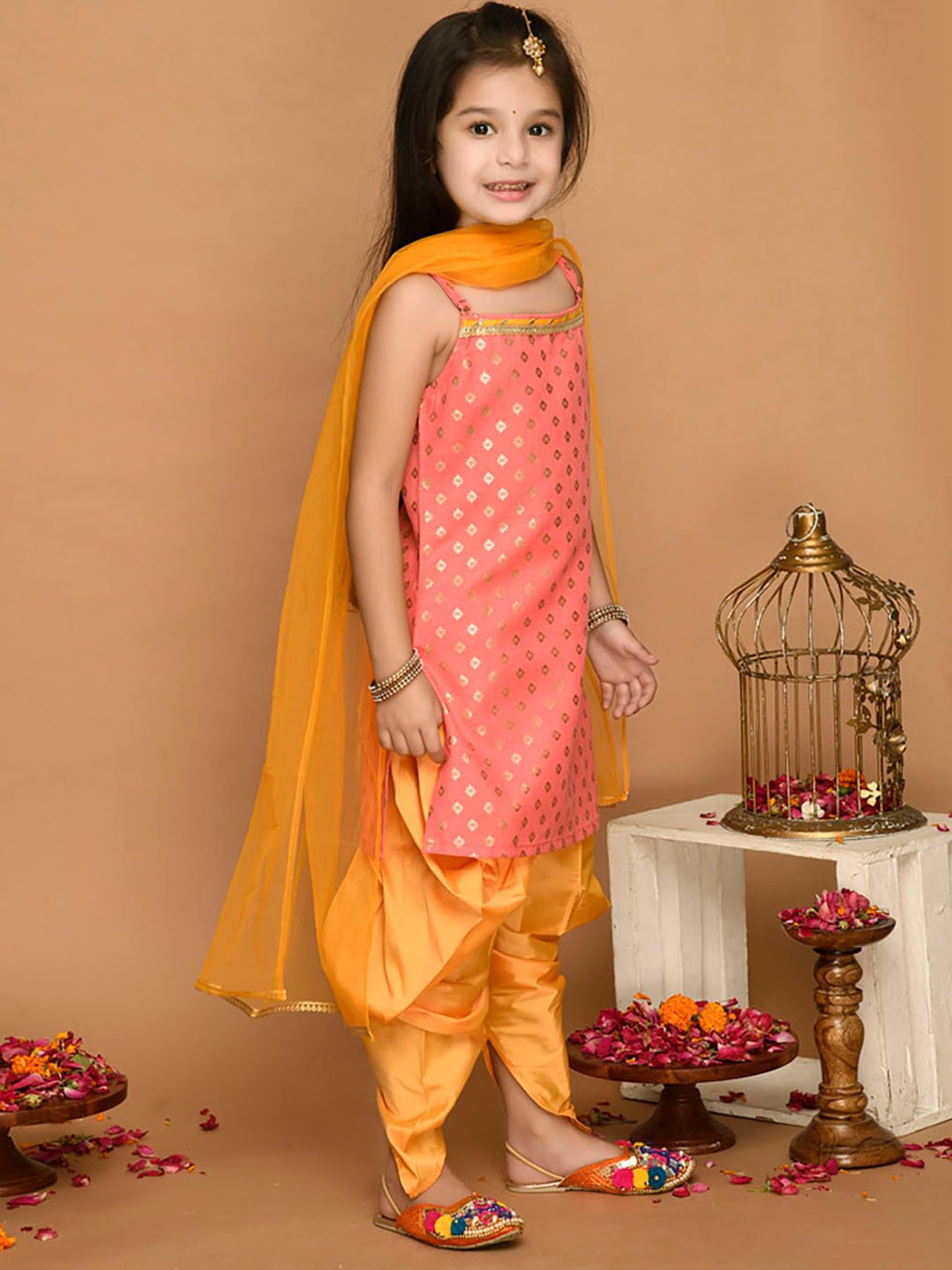 Saka Designs Kids Peach & Mustard Printed Kurta with Dhoti & Dupatta