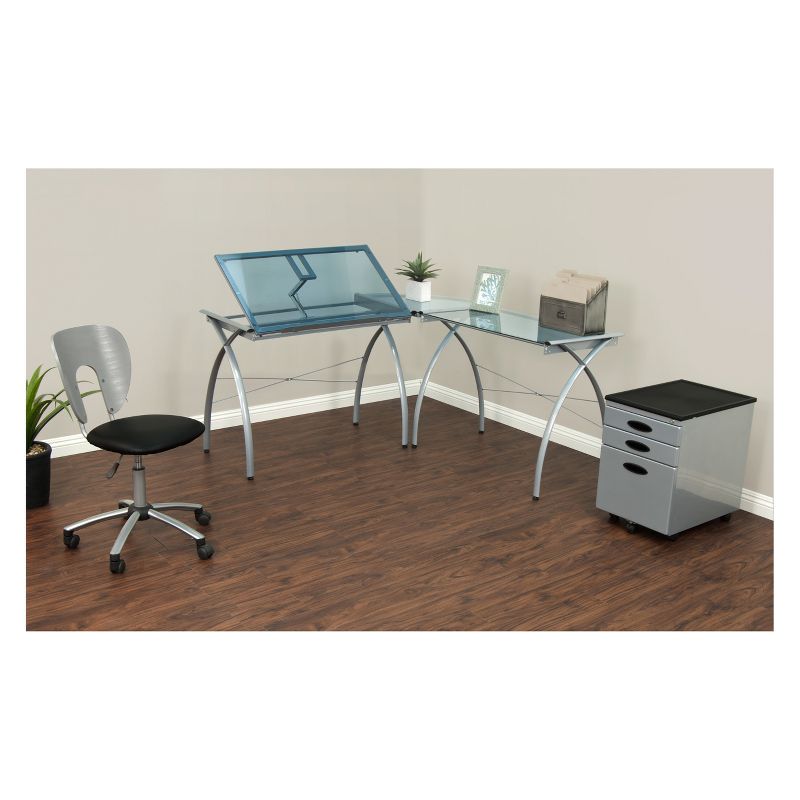 Futura L-Shaped Desk with Adjustable Top - Silver/Blue Glass