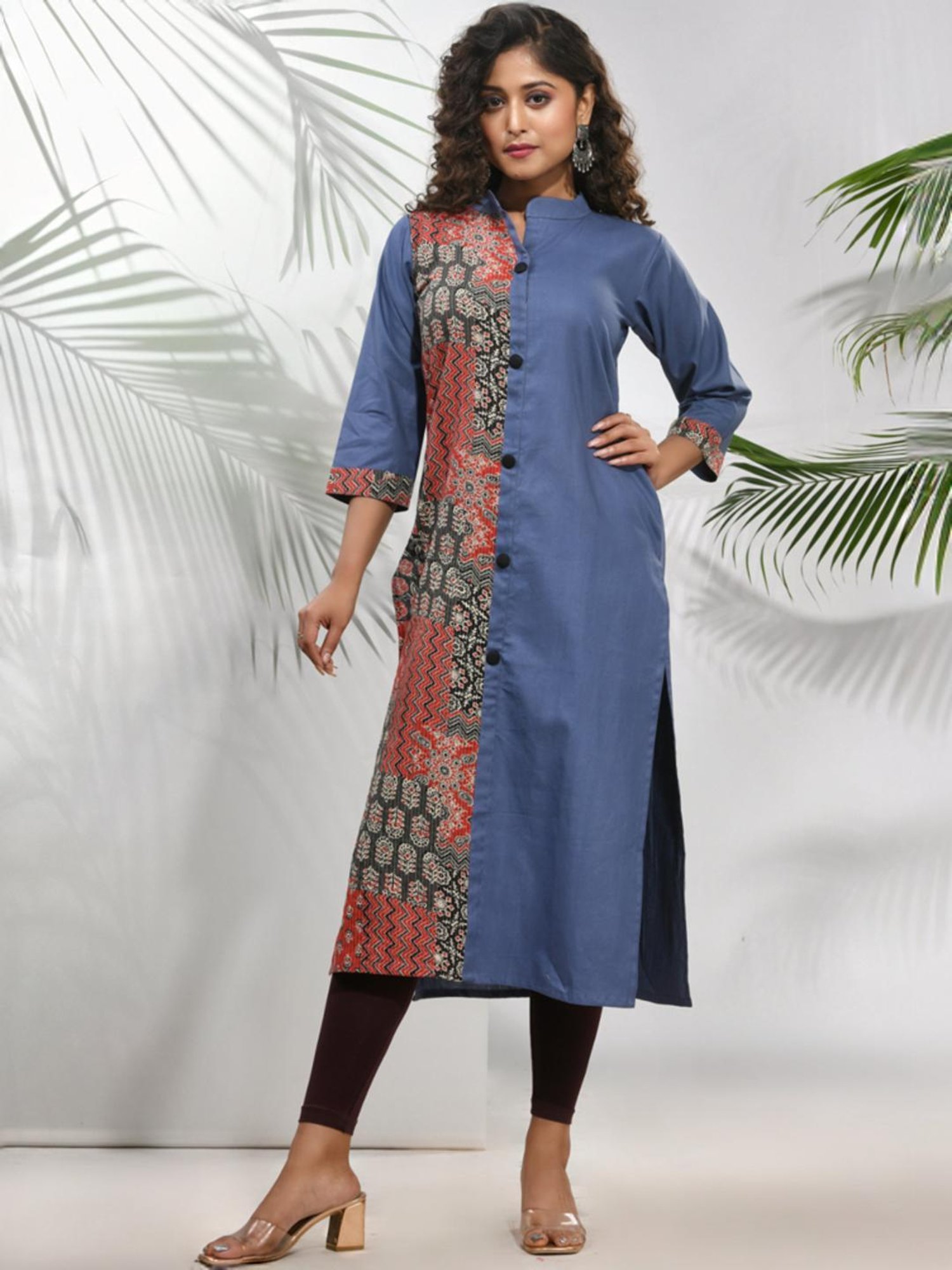 CHARUKRITI Blue Cotton Printed Straight Kurta