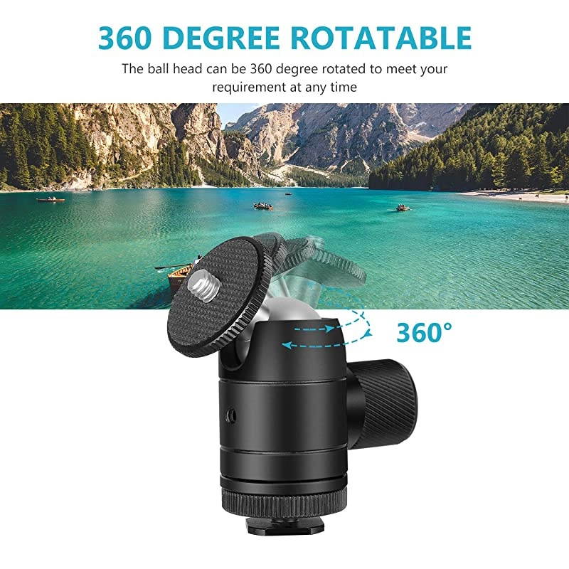 Mini Ball Head 14 inch Screw 360 Degree Rotatable Tripod Head with Lock and Hot Shoe Mount Adapter for LED LightRing Light Tripod Monopod Slider Camera Load Up to 66 pounds3 kilograms