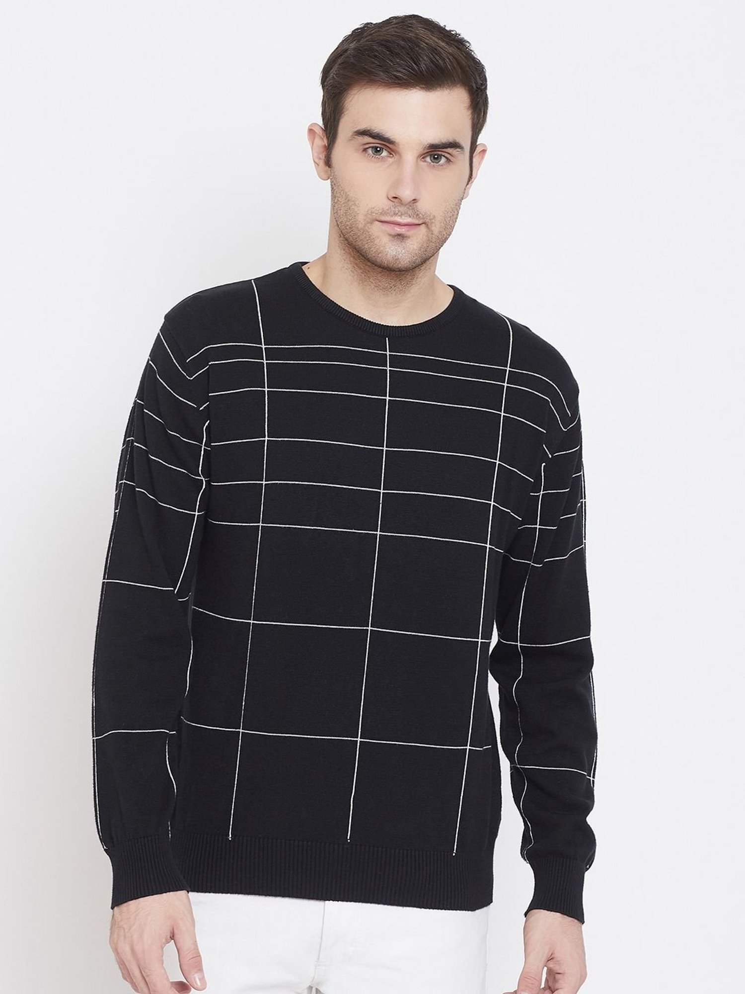 Crimsoune Club Black Cotton Slim Fit Checks Sweater
