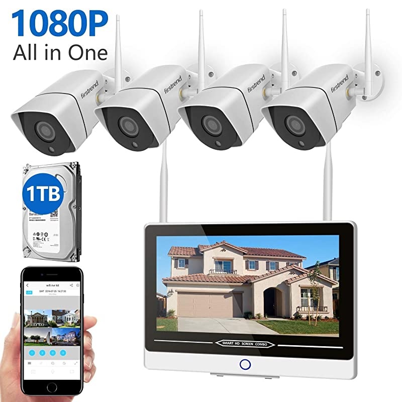 2021 New] Security Camera System Wireless with Monitor, 1080P 8CH Wireless Security System Outdoor Indoor with 4PCS 1080P Cameras 12 Inch Monitor Night Vision Motion Detection No Hard Drive