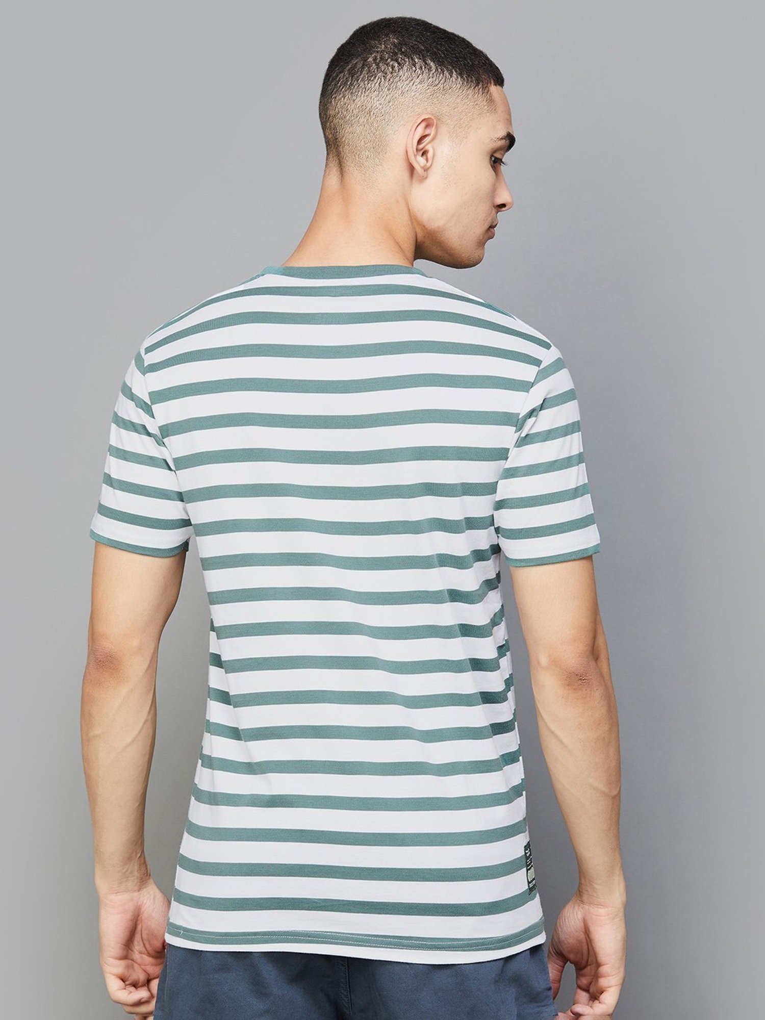 Smileyworld Olive Cotton Regular Fit Striped T-Shirt