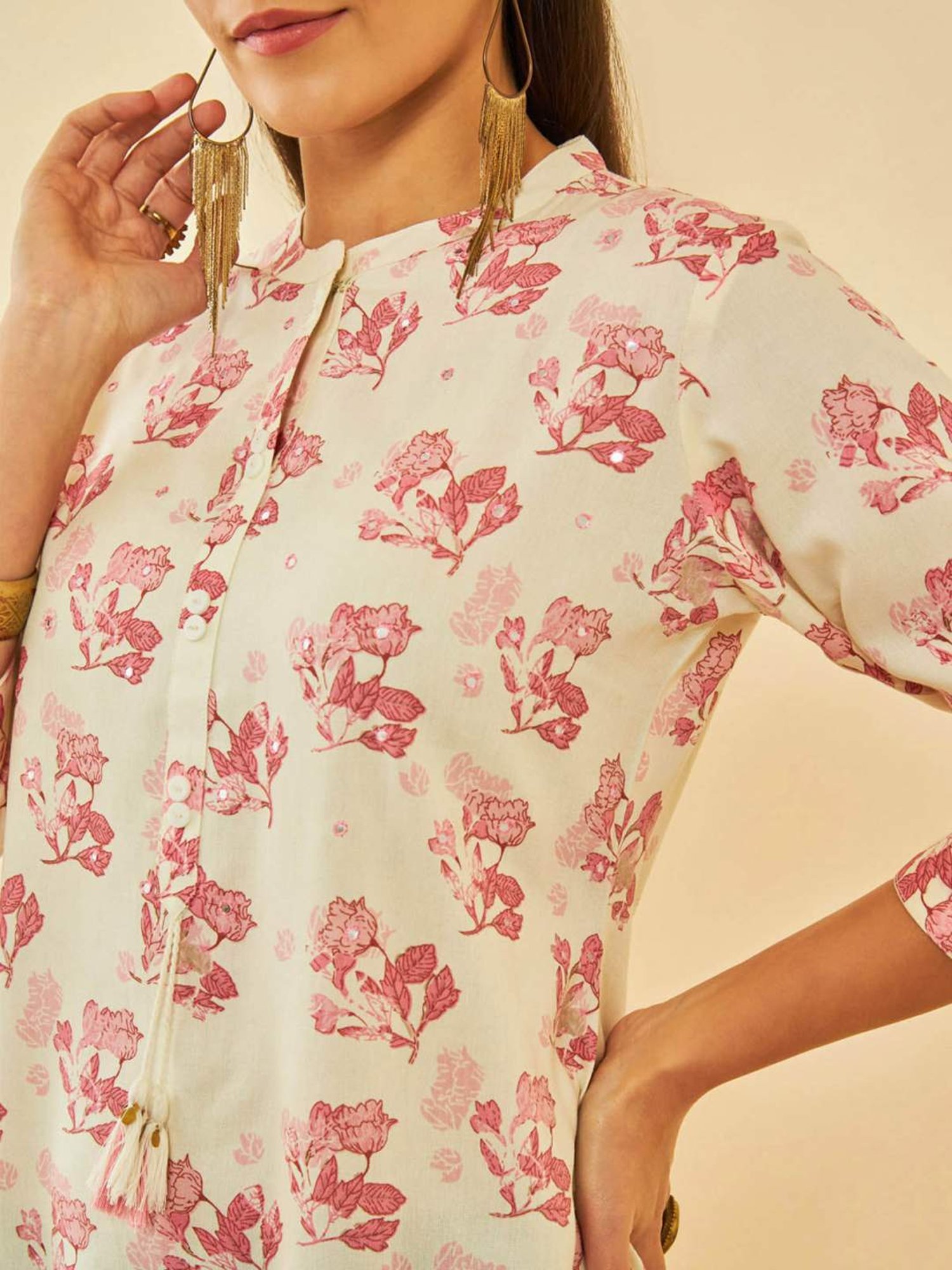 Soch Off White Rayon Floral Printed Tunic With Faux Mirror