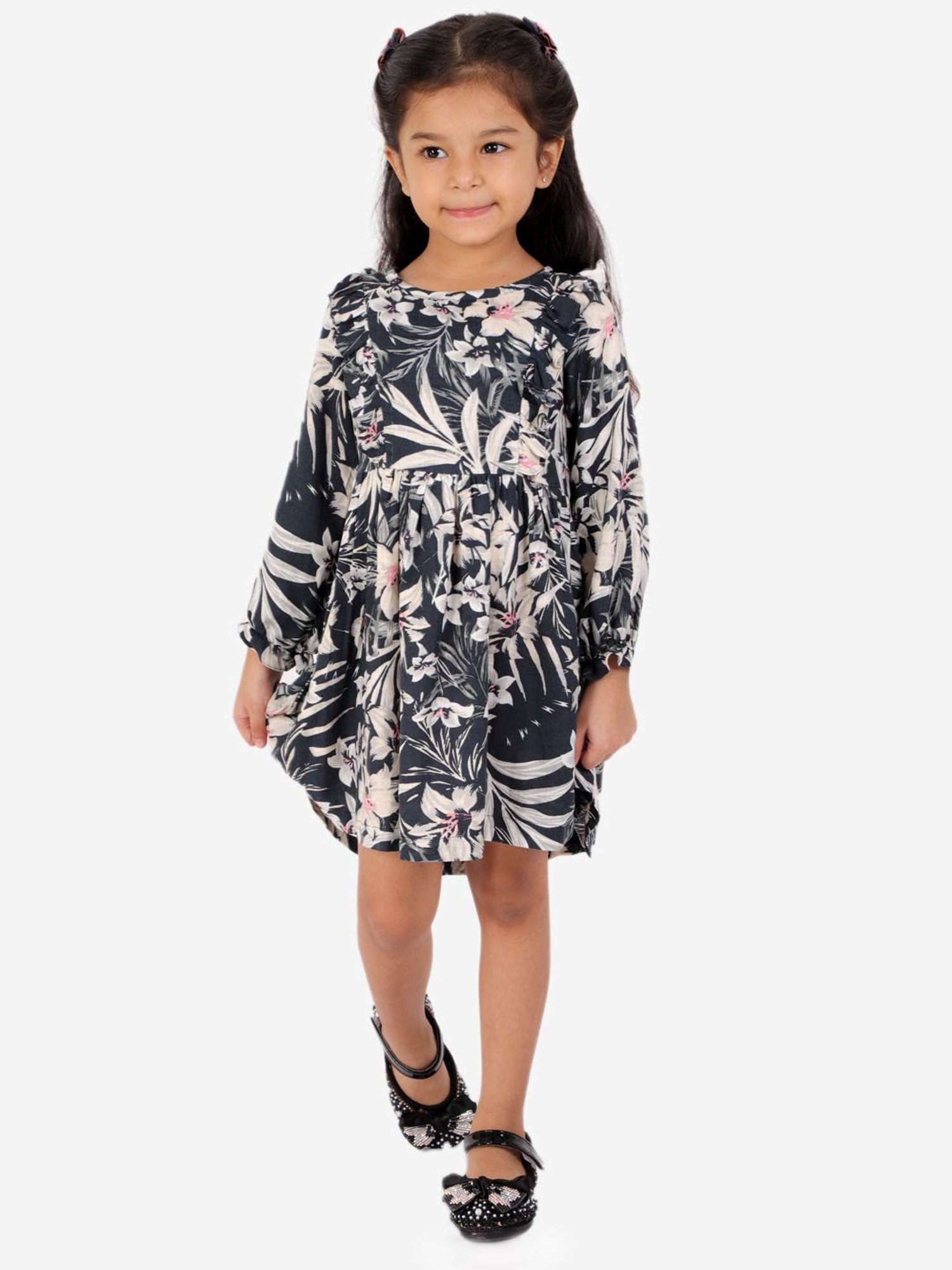 Lil Drama Kids Navy Floral Print Full Sleeves Dress