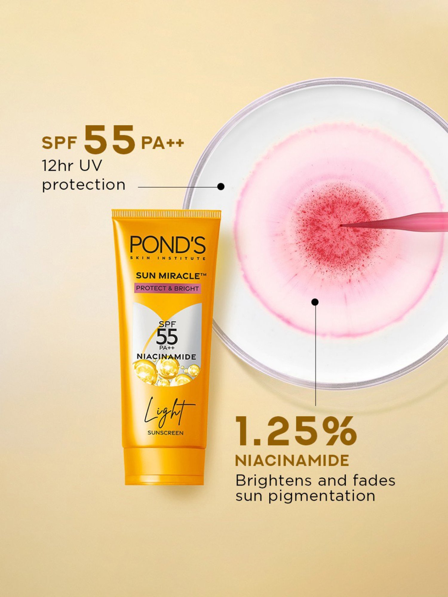 Pond's Sun Miracle Protect & Bright SPF 55 PA++ Light Sunscreen with Niacinamide - 100 gm