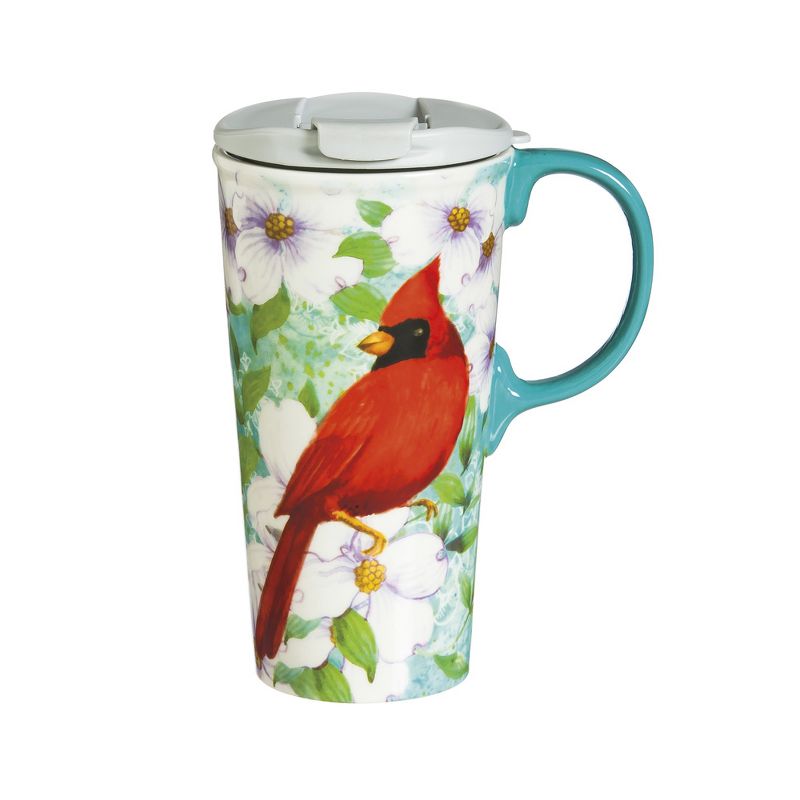 Evergreen Cypress Home Cardinal Trio Ceramic Travel Coffee Mug, 17 ounces