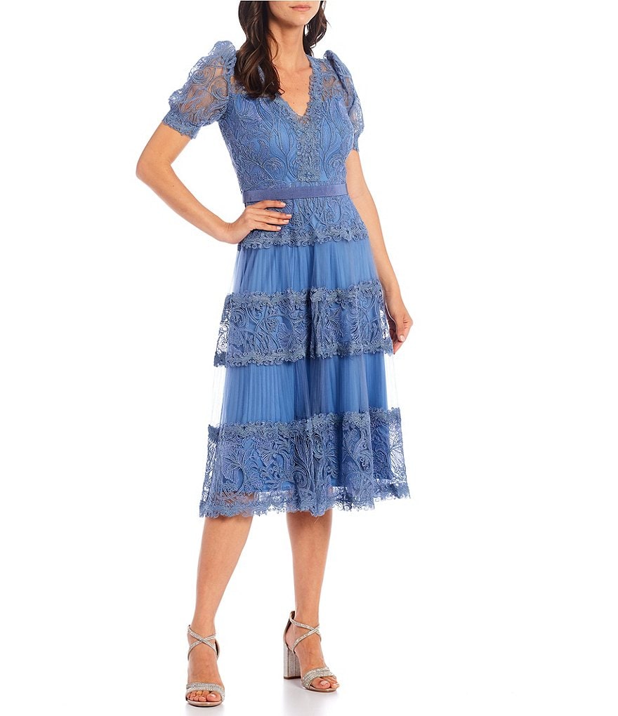 Tadashi Shoji V-Neck Short Puff Sleeve Embroidered Lace Pleated Midi Dress