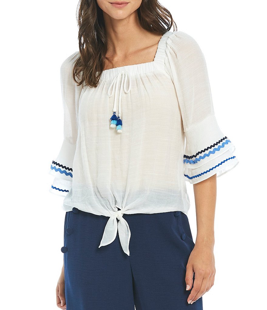 I.N. Studio Gauzy Texture Square Neck Short Bell Sleeve Tie-Front Top