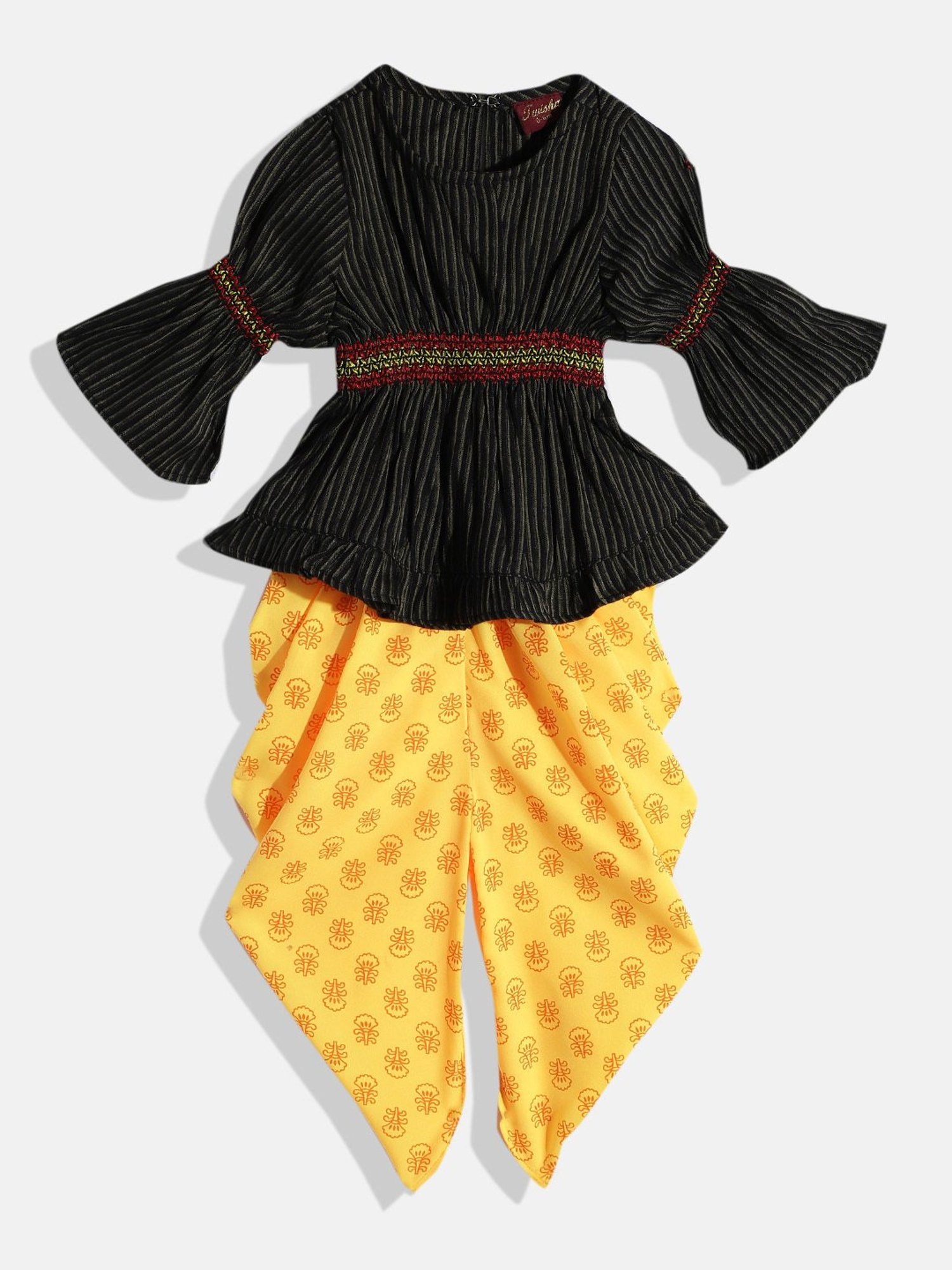 TWISHA Kids Black & Yellow Striped Top with Dhoti