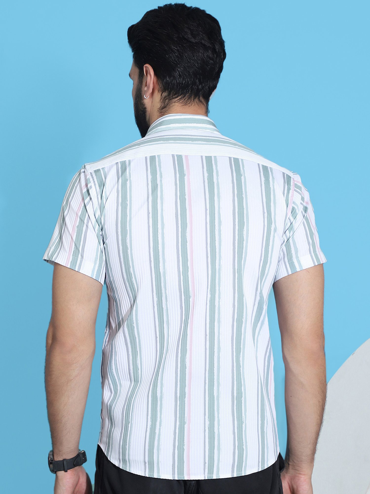 Indian Needle Sea Green Regular Fit Striped Shirt