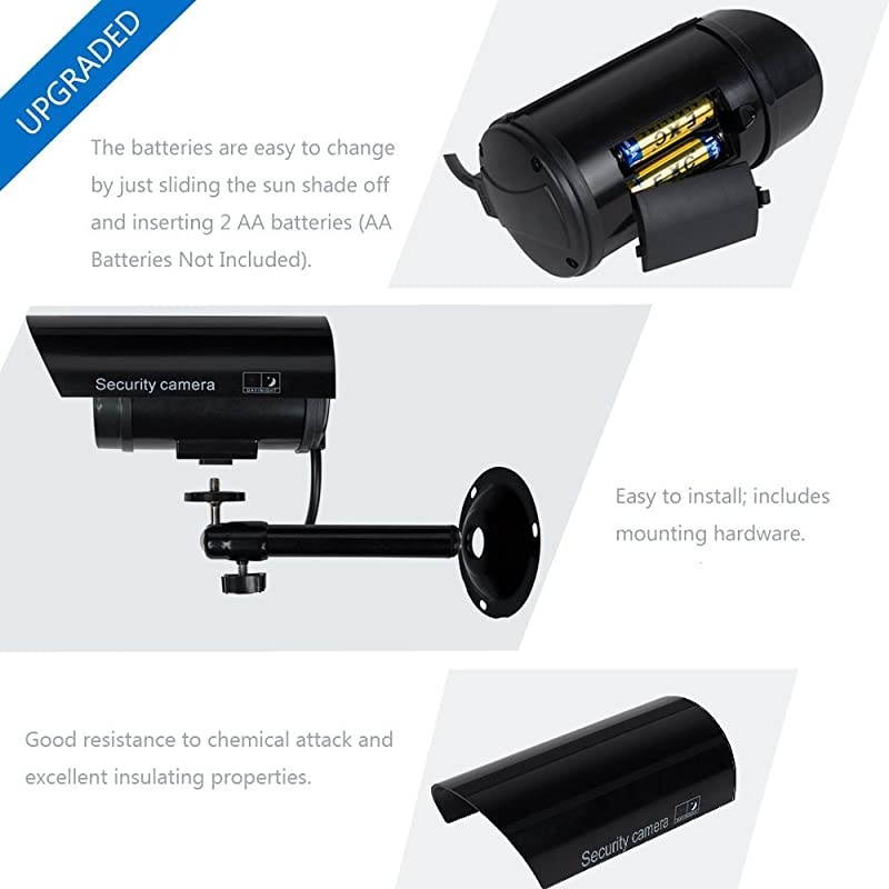 Bullet Dummy Fake Surveillance Security CCTV Dome Camera Indoor Outdoor with one LED Light Security Alert Sticker Decals TCB4 4 Packs Black