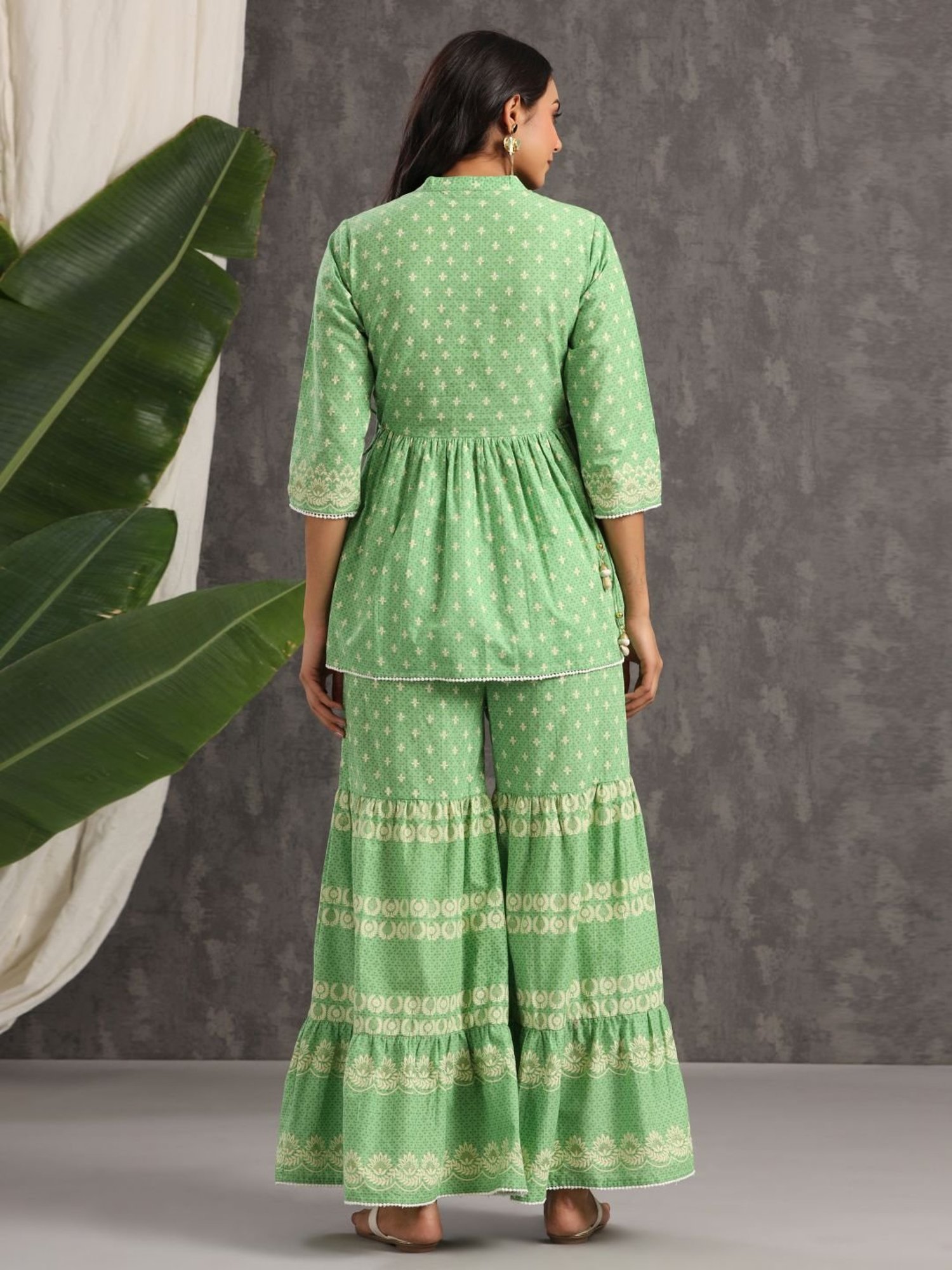 Juniper Green Ethnic Motif Printed Pure Cotton Tunic & Sharara With Sequins & Lace Detail