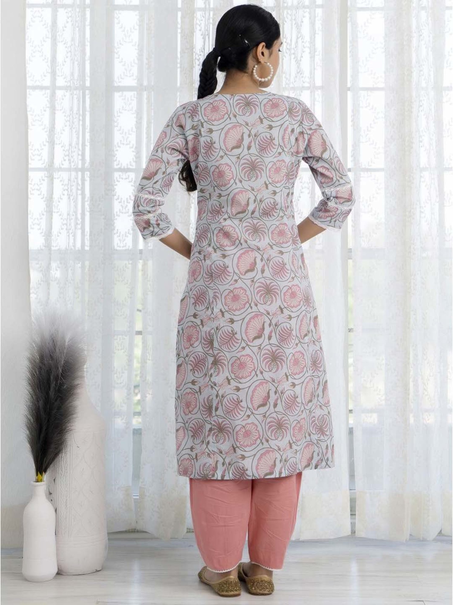 Ekohum Blue Printed Straight Kurta with Peach Pant and Dupatta Set
