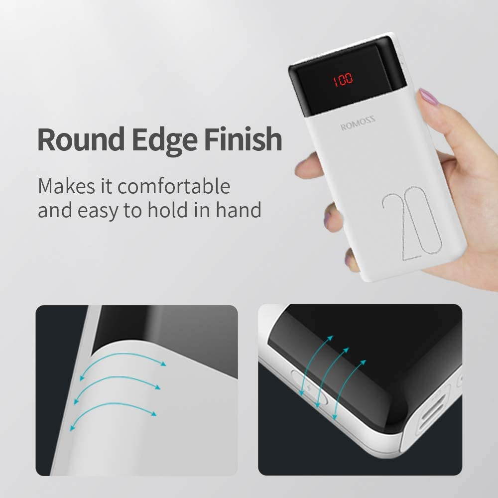 ROMOSS 20000mAh Power Bank with LED Display, USB C Portable Charger with 2 Outputs & 3 Inputs External Battery Pack Cell Phone Charger Battery Compatible with iPhone 11, Xs Max, iPad Pro, Samsung S20
