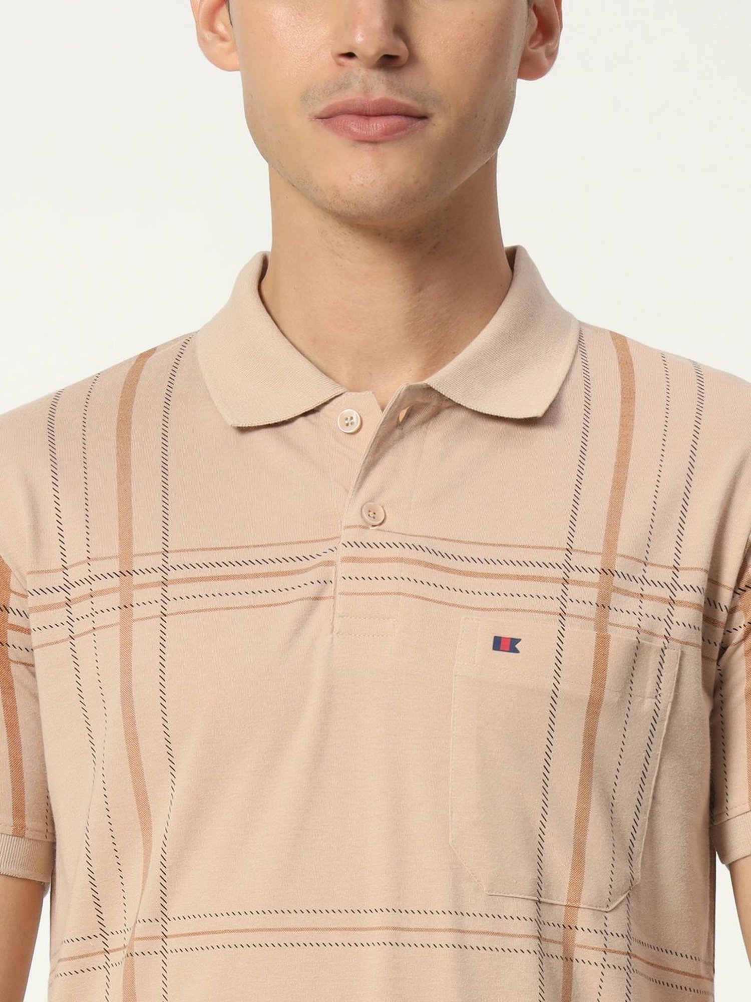 Tab91 Beige Regular Fit Checks Polo T-Shirts
