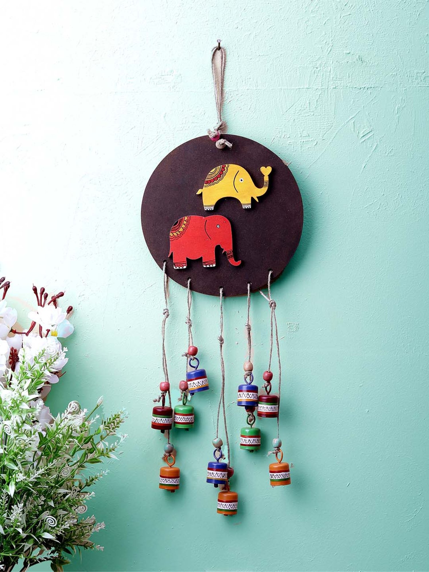 VarEesha Multicolor Wood Elephant on Circle Tinkle Bells Windchime - Set of 1