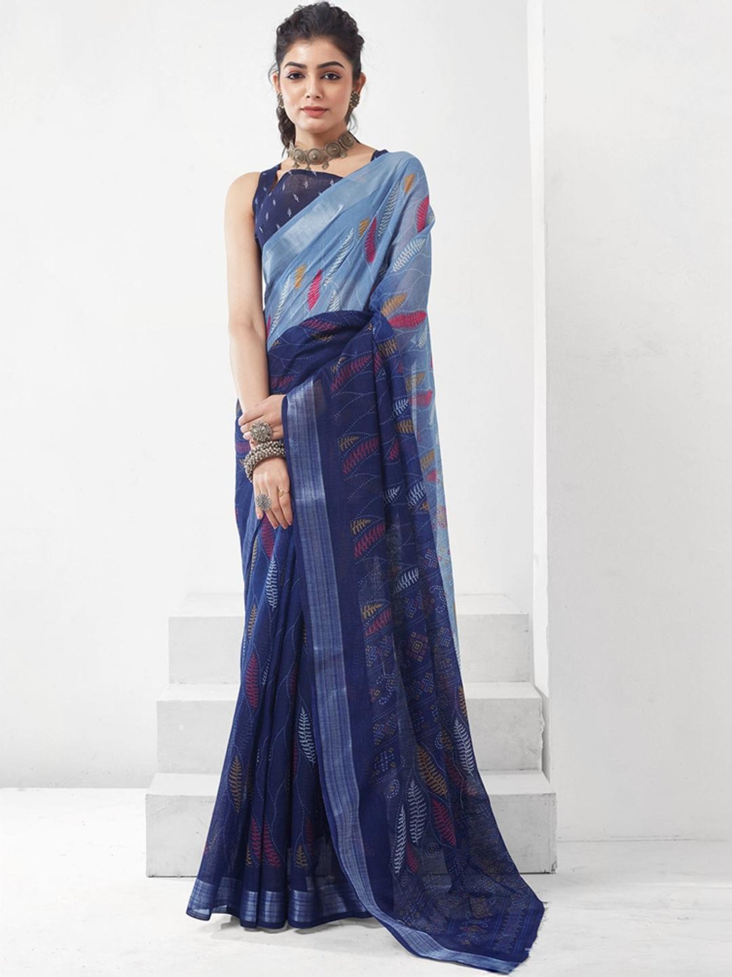 Satrani Navy Printed Saree With Unstitched Blouse