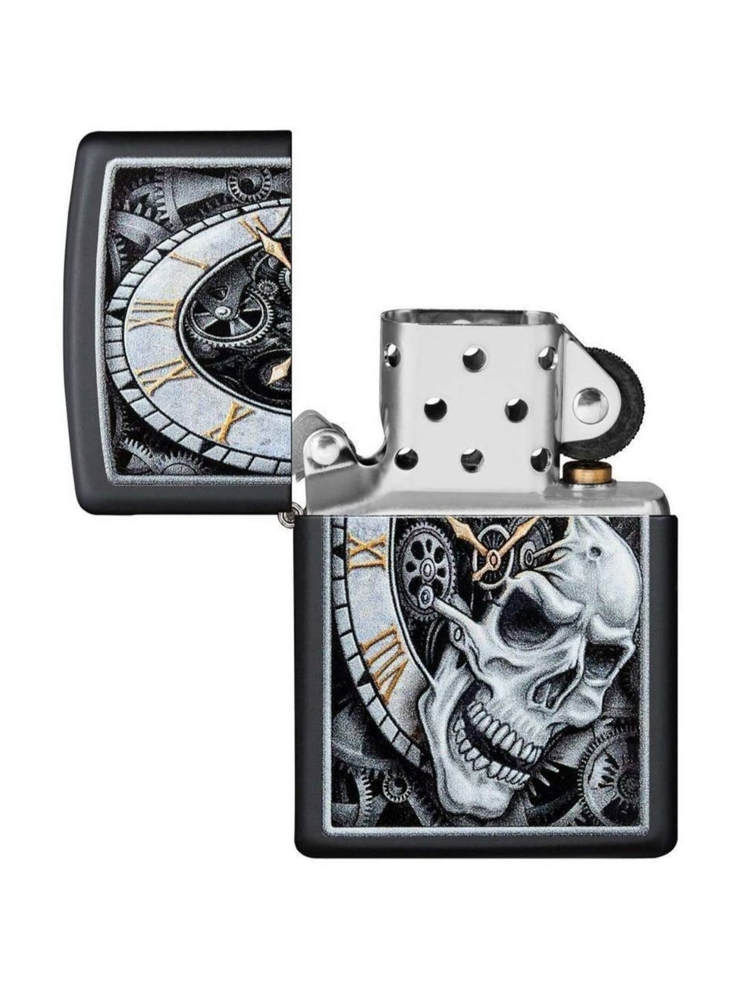 Zippo Black & Grey Skull Clock Design Brass Pocket Lighter