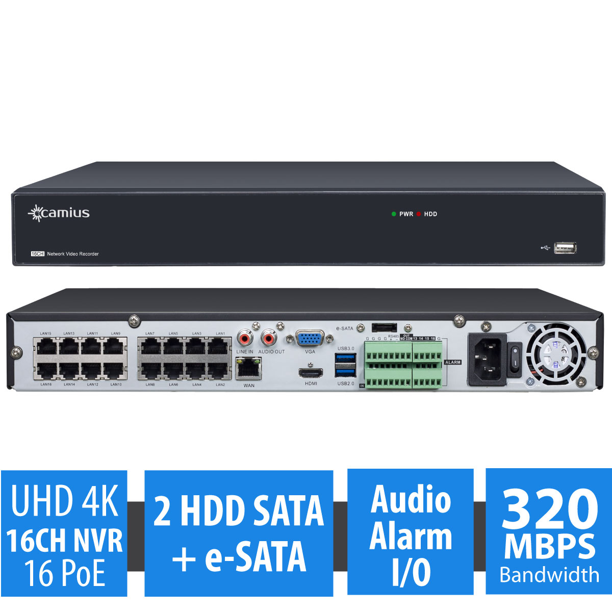 Camius 4K 16 Channel NVR, 12 Camera 8MP PoE Spotlight  Security System with built-in mic, 105 degrees view, PIR, Motion, Sound Detection, Alerts, 2SATA, eSATA, 100ft night vision 16PN12S8R (0 HDD)