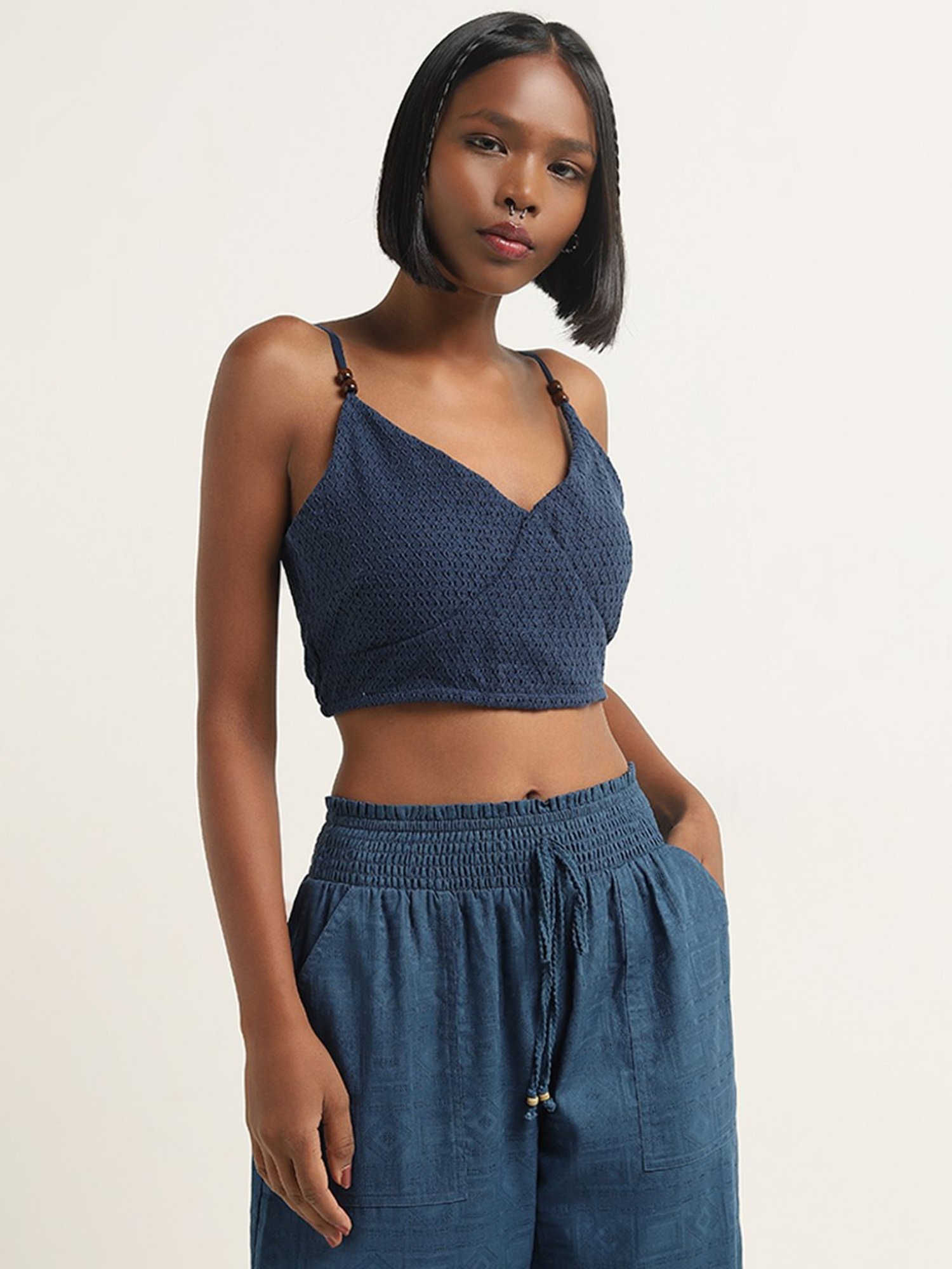 Bombay Paisley by Westside Navy Knit-Textured Cotton Crop Top