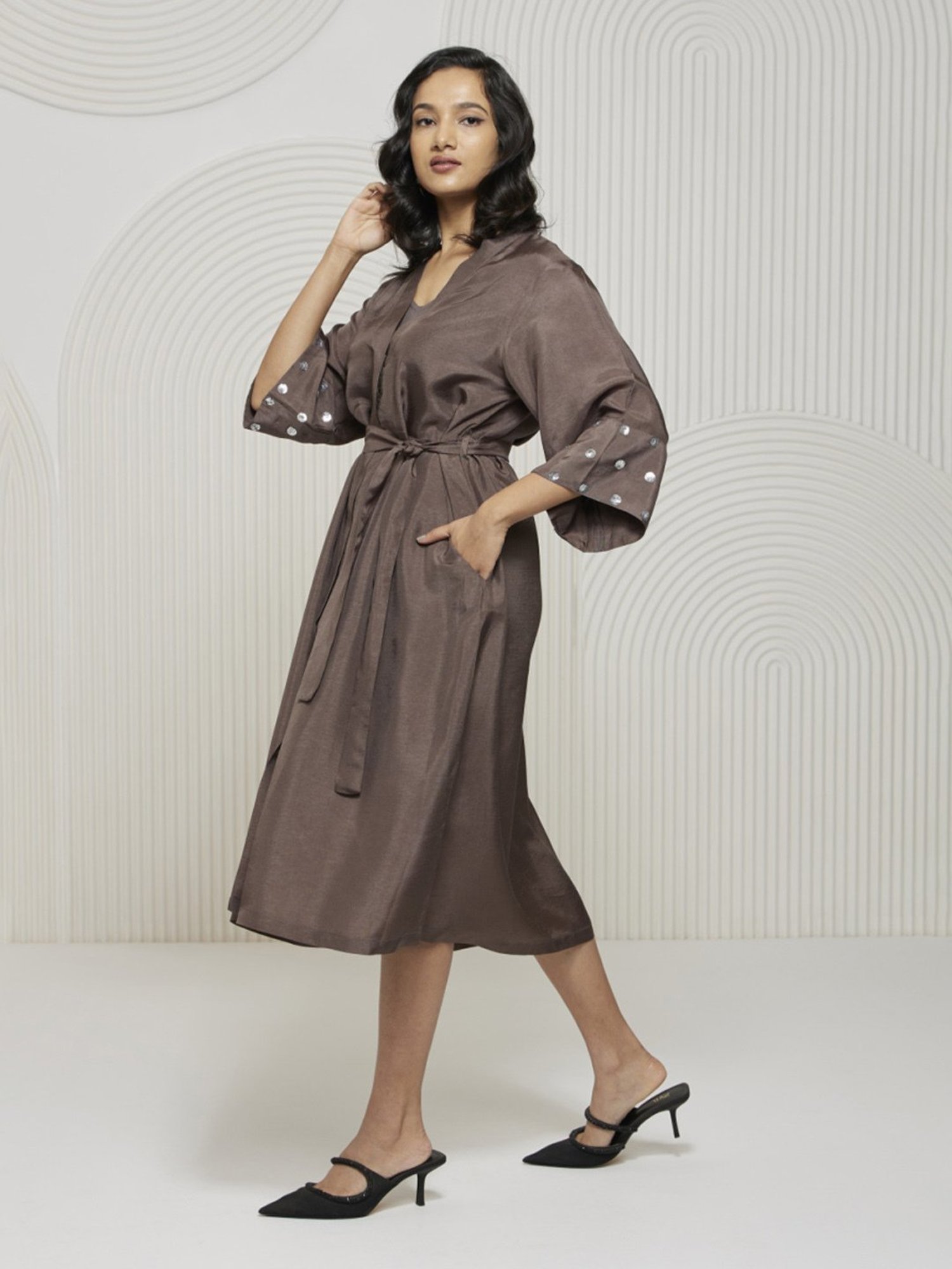 Artagai Granite Grey Romancing Aari Shirt Dress With Tie-Up And Embellished Sleeve