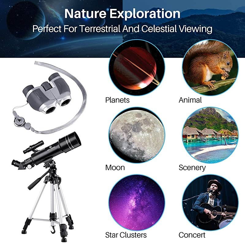 70mm Portable Refractor Telescope & HD Binoculars, Fully Coated Glass Optics, Ideal Telescope for Kids Beginners, with Adjustable Tripod Smartphone Adapter Moon Filter and Carry Bag