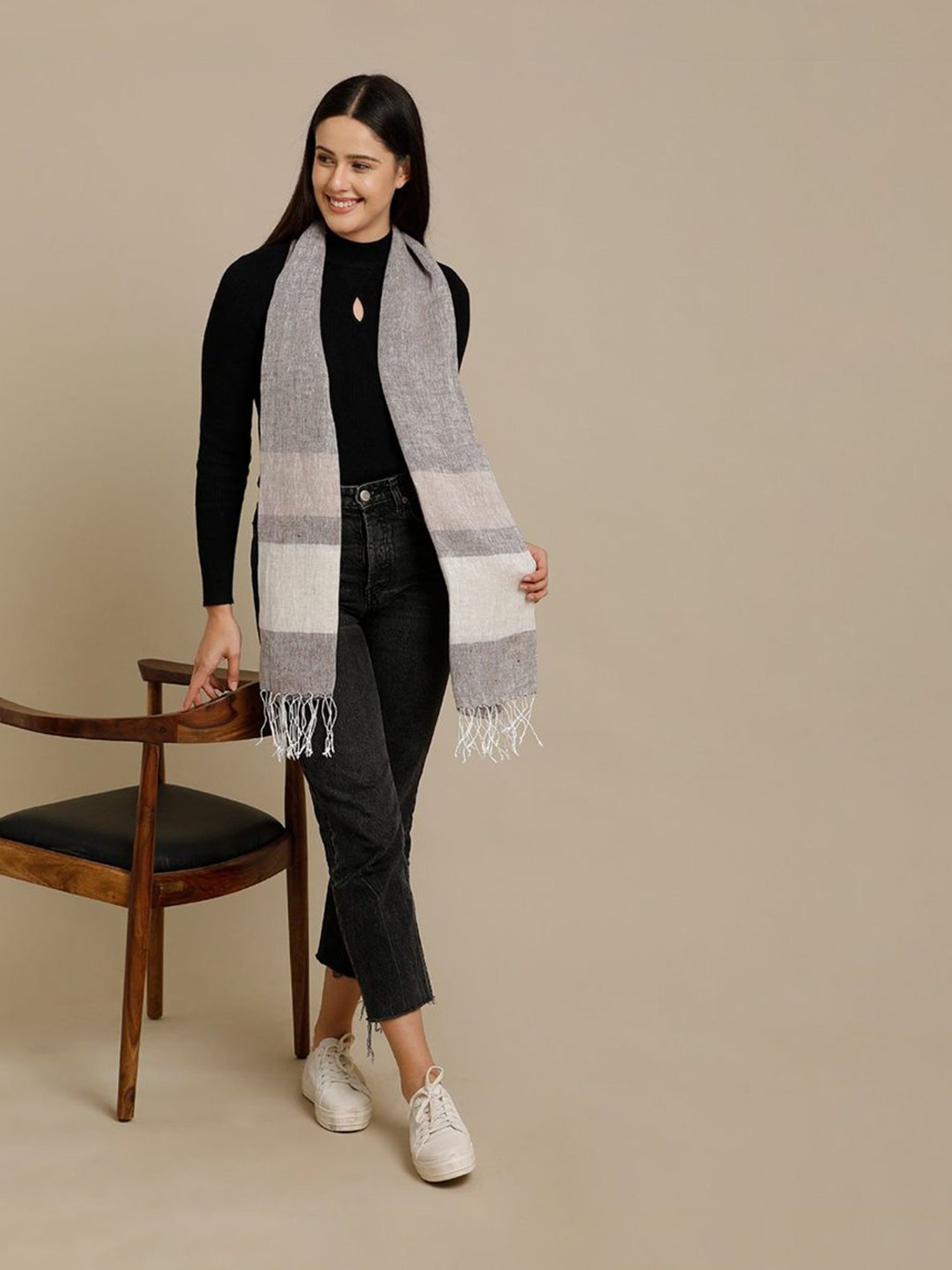 Linen Club Beige Striped Pure Linen Stole