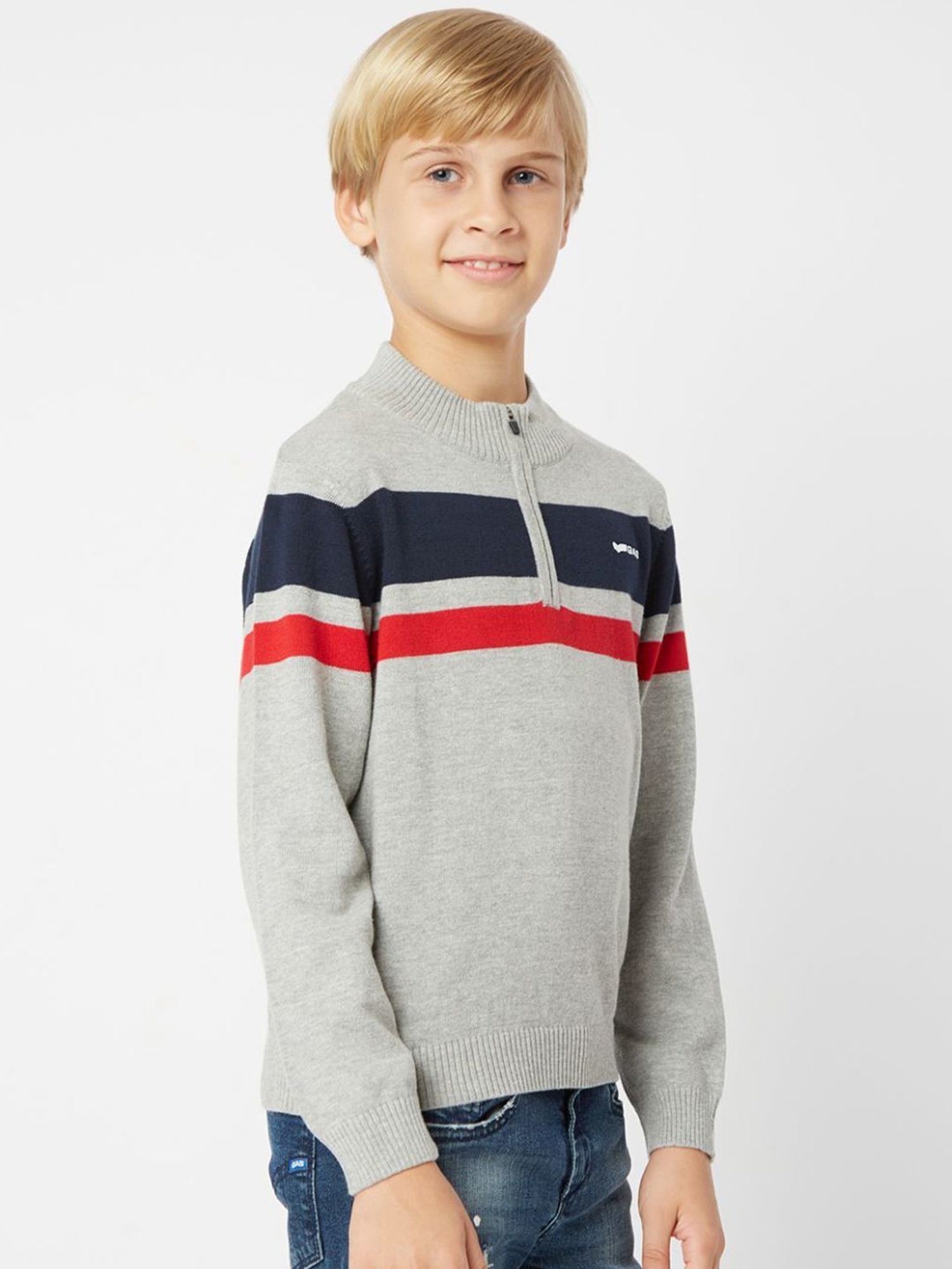 GAS Kids Grey & Navy Cotton Striped Full Sleeves Sweater