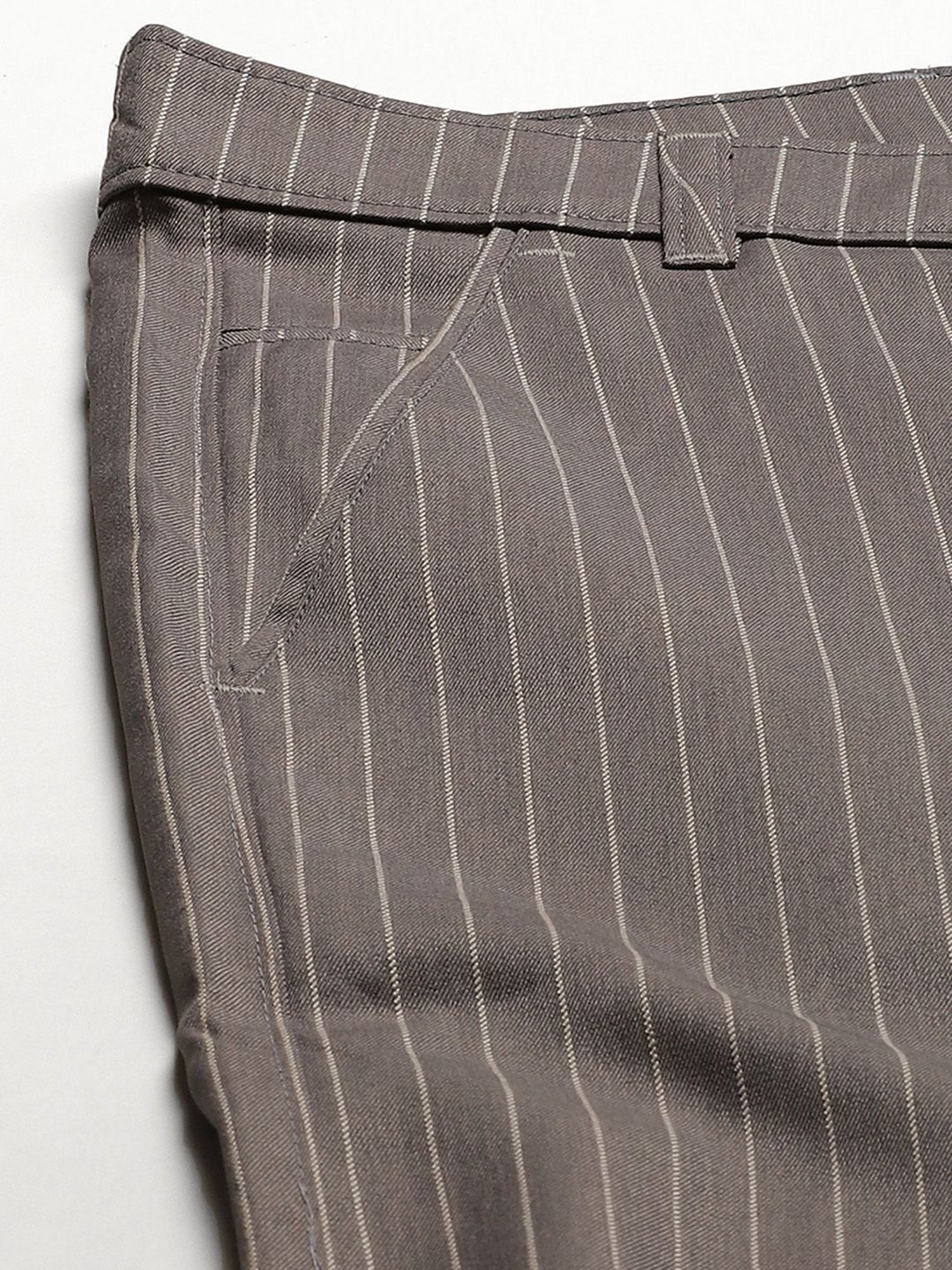 Sojanya Grey Cotton Regular Slim Fit Striped Flat Front Trousers